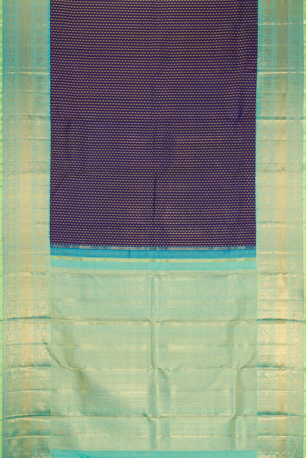 Flat view of Pure Silk Pure Zari Navy Blue Kanjivaram Saree with Zari Brocade on the body and Zari Border. 