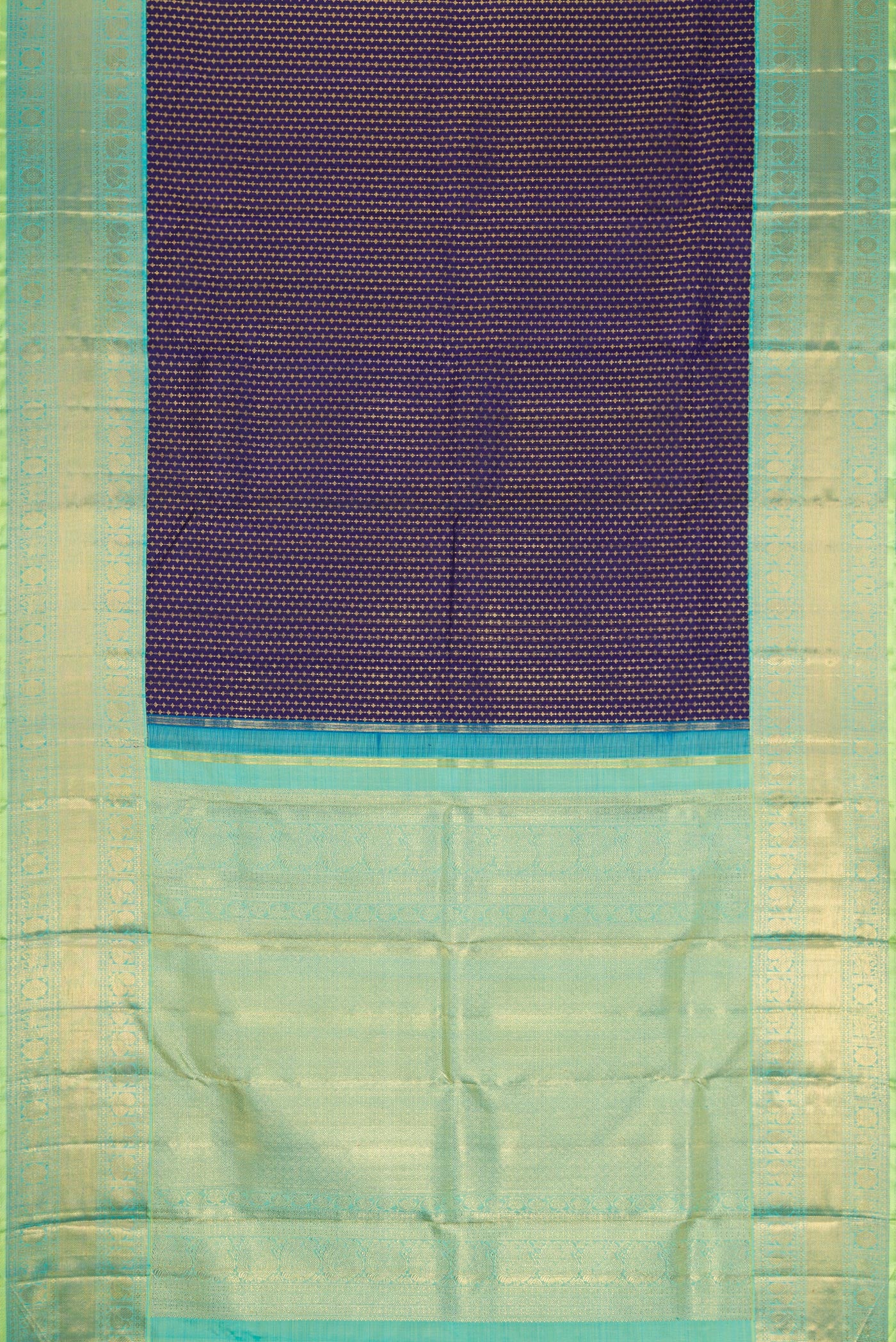 Flat view of Pure Silk Pure Zari Navy Blue Kanjivaram Saree with Zari Brocade on the body and Zari Border. 