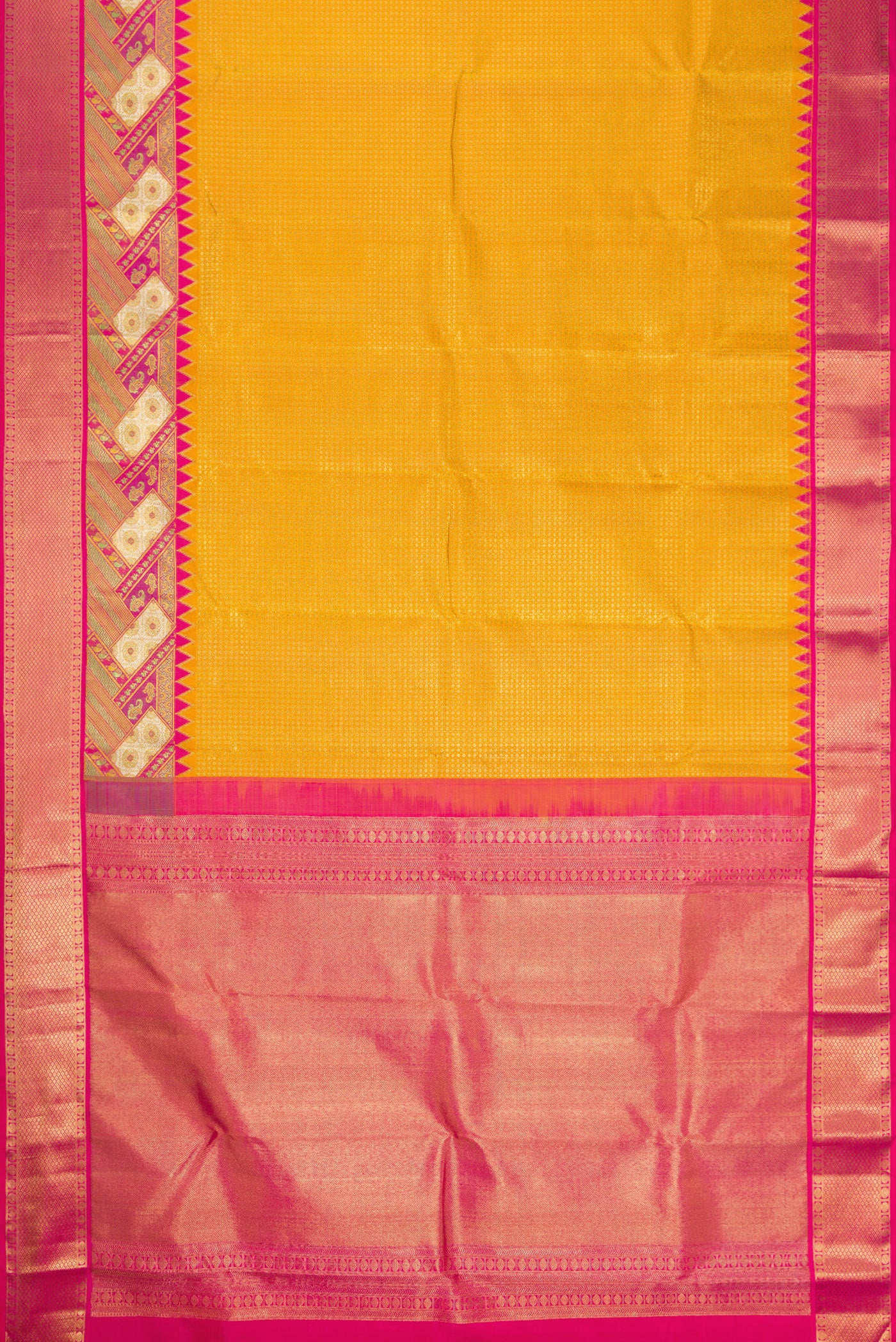 Flat view of Pure Silk Pure Zari Yellow Dual Tone Kanjivaram Saree with Zari Brocade on the body and Zari Border. 