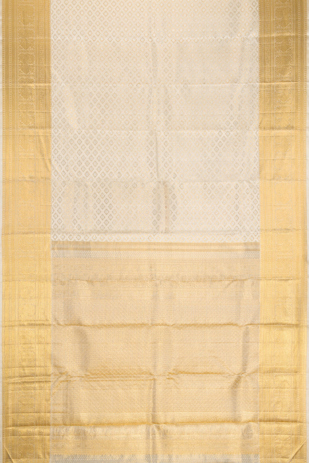 Flat view of Gold Dual Tone Kanjivaram Tissue Silk Saree with Zari Brocade on the body and Zari Border. 