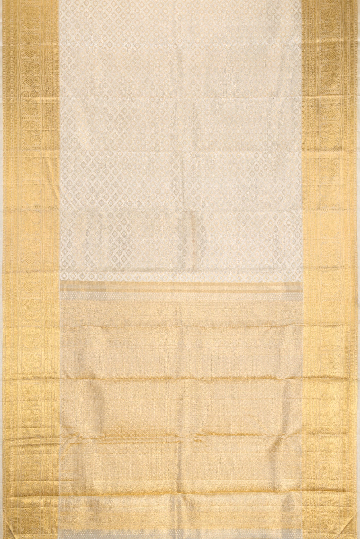 Flat view of Gold Dual Tone Kanjivaram Tissue Silk Saree with Zari Brocade on the body and Zari Border. 