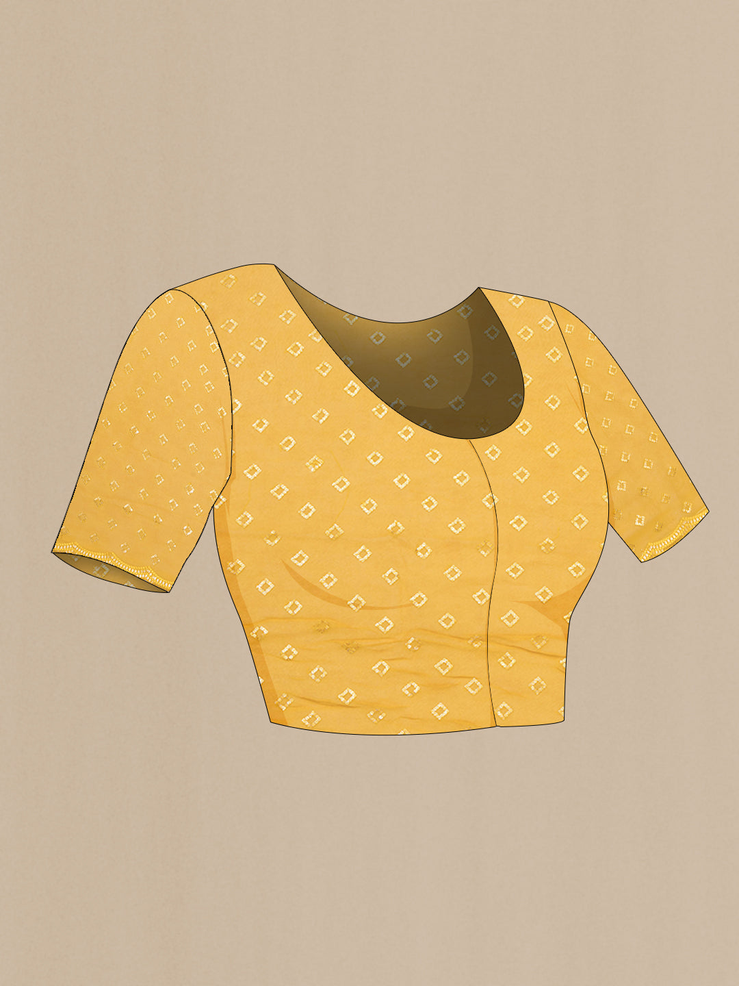 Close up image of the blouse of Mustard Georgette Saree with Embroidery on the body and Sequin Border. 
