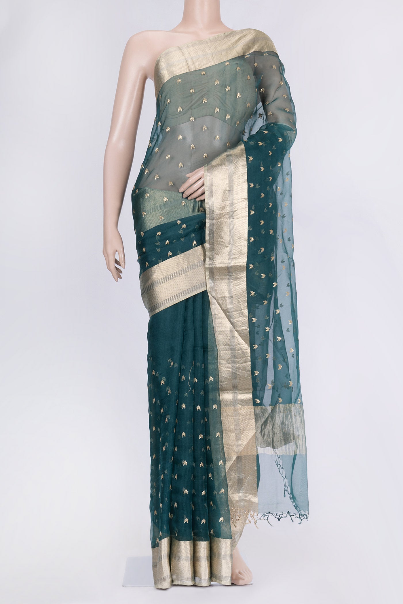 Grey Dual Tone Organza Silk Saree with Zari Butta on the body and Zari Border.  displayed on a mannequin