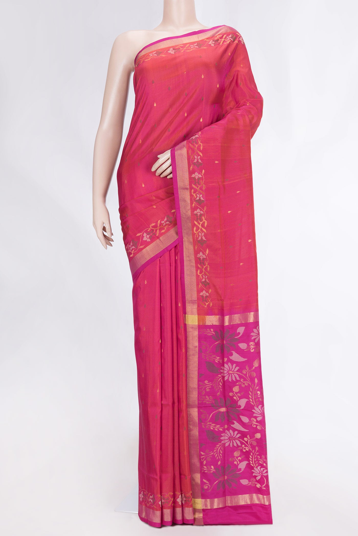 Pink Uppada Silk Saree with Zari And Thread Butta on the body and Zari Border displayed on a mannequin