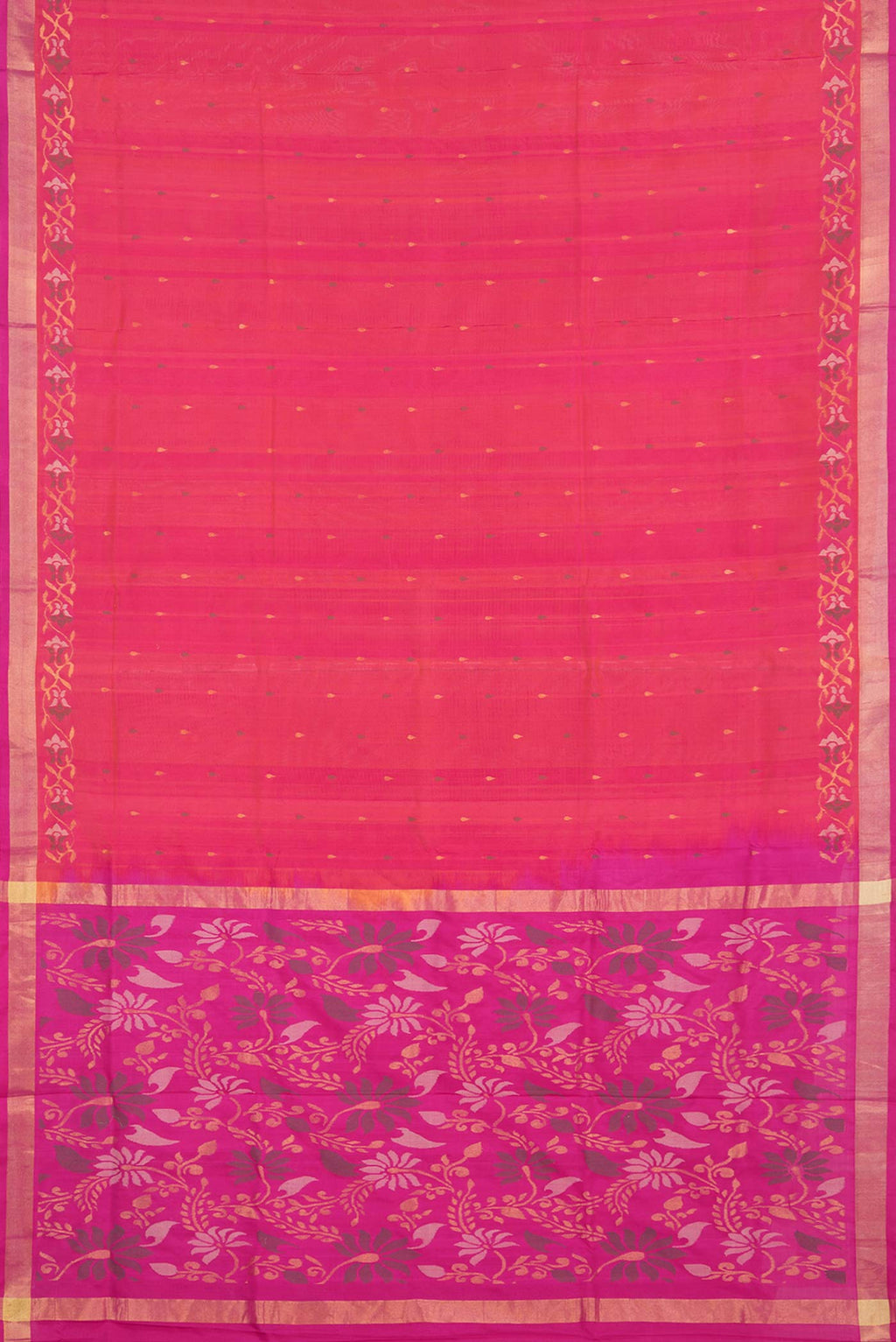 Flat view of Pink Uppada Silk Saree with Zari And Thread Butta on the body and Zari Border