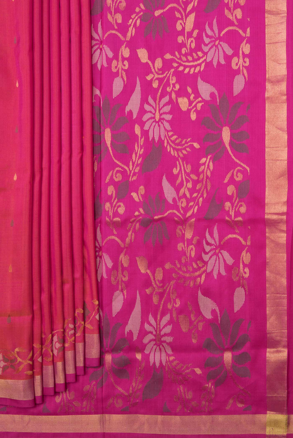 Pleats and pallu of Pink Uppada Silk Saree with Zari And Thread Butta on the body and Zari Border