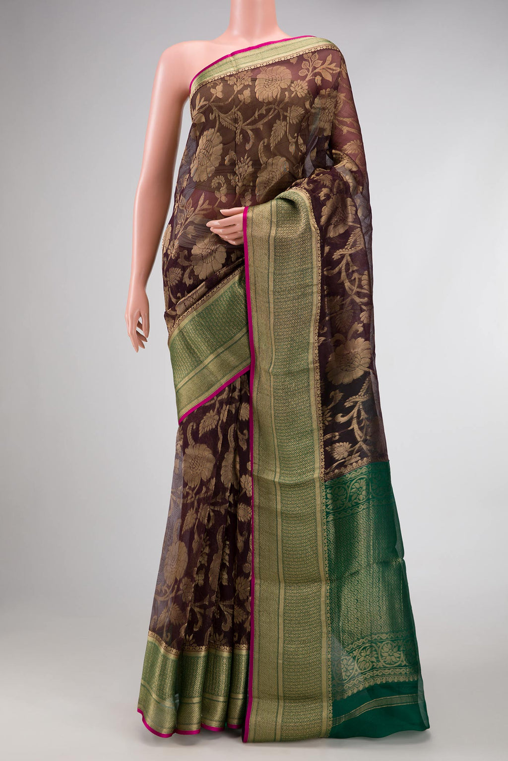 Coffee Brown Dual Tone Organza Silk Saree with Zari Brocade on the body and Zari Border.  displayed on a mannequin