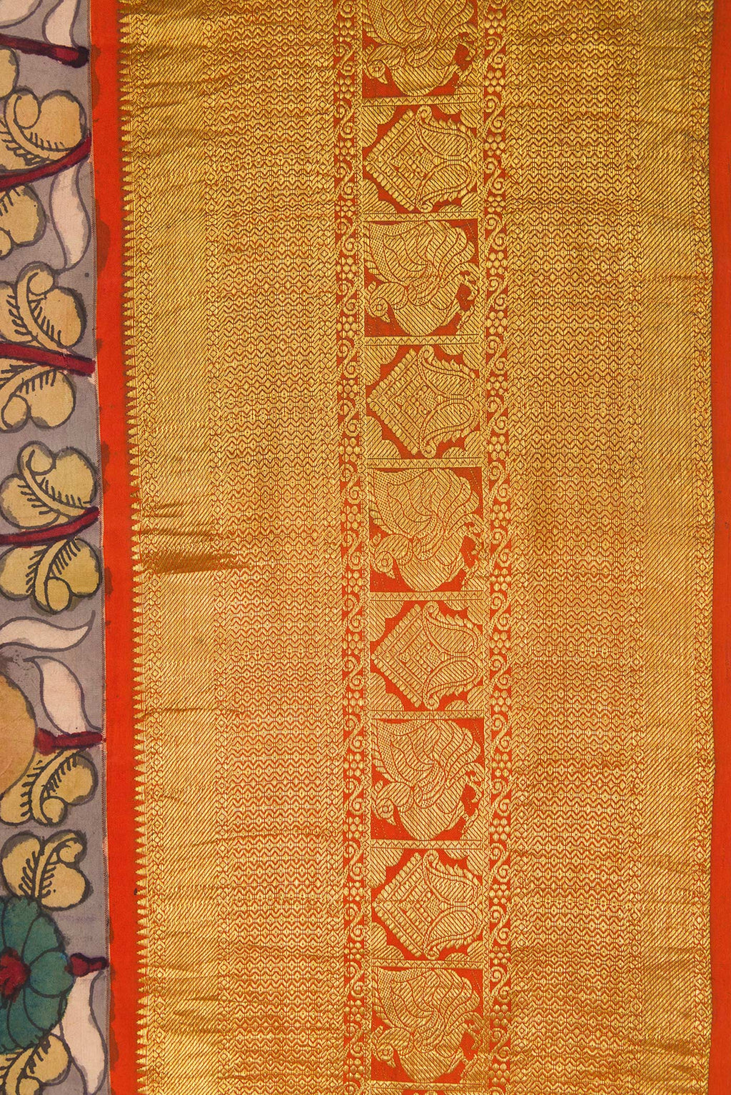 Border image of Beige Dual Tone Kanchipuram Silk Saree with kalamkari Print on the body and Zari Border. 