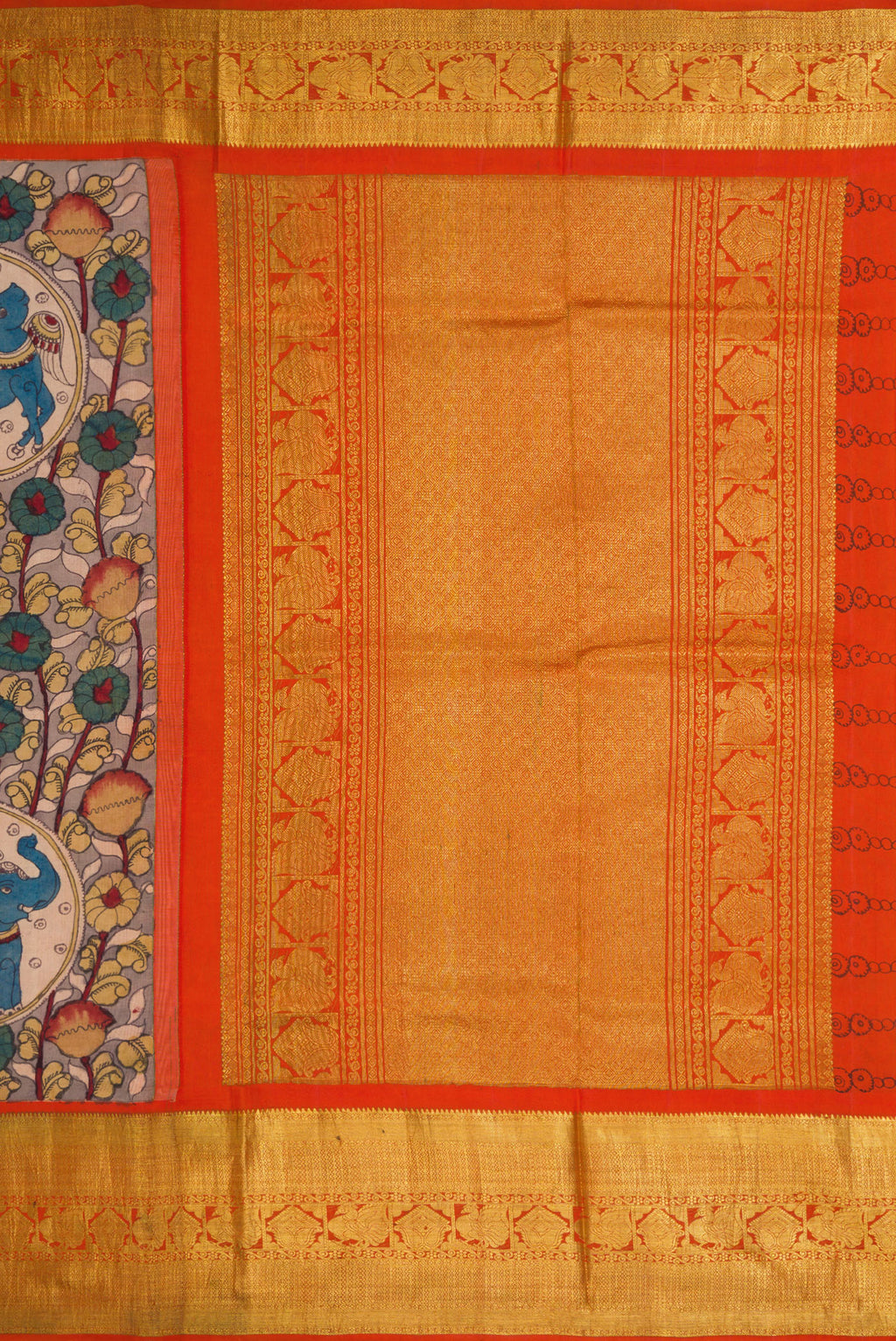 Close up image of the pallu of Beige Dual Tone Kanchipuram Silk Saree with kalamkari Print on the body and Zari Border. 