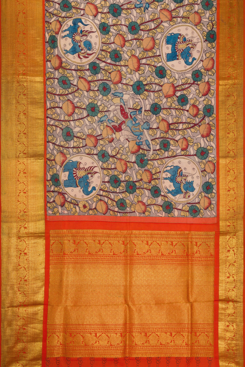Flat view of Beige Dual Tone Kanchipuram Silk Saree with kalamkari Print on the body and Zari Border. 