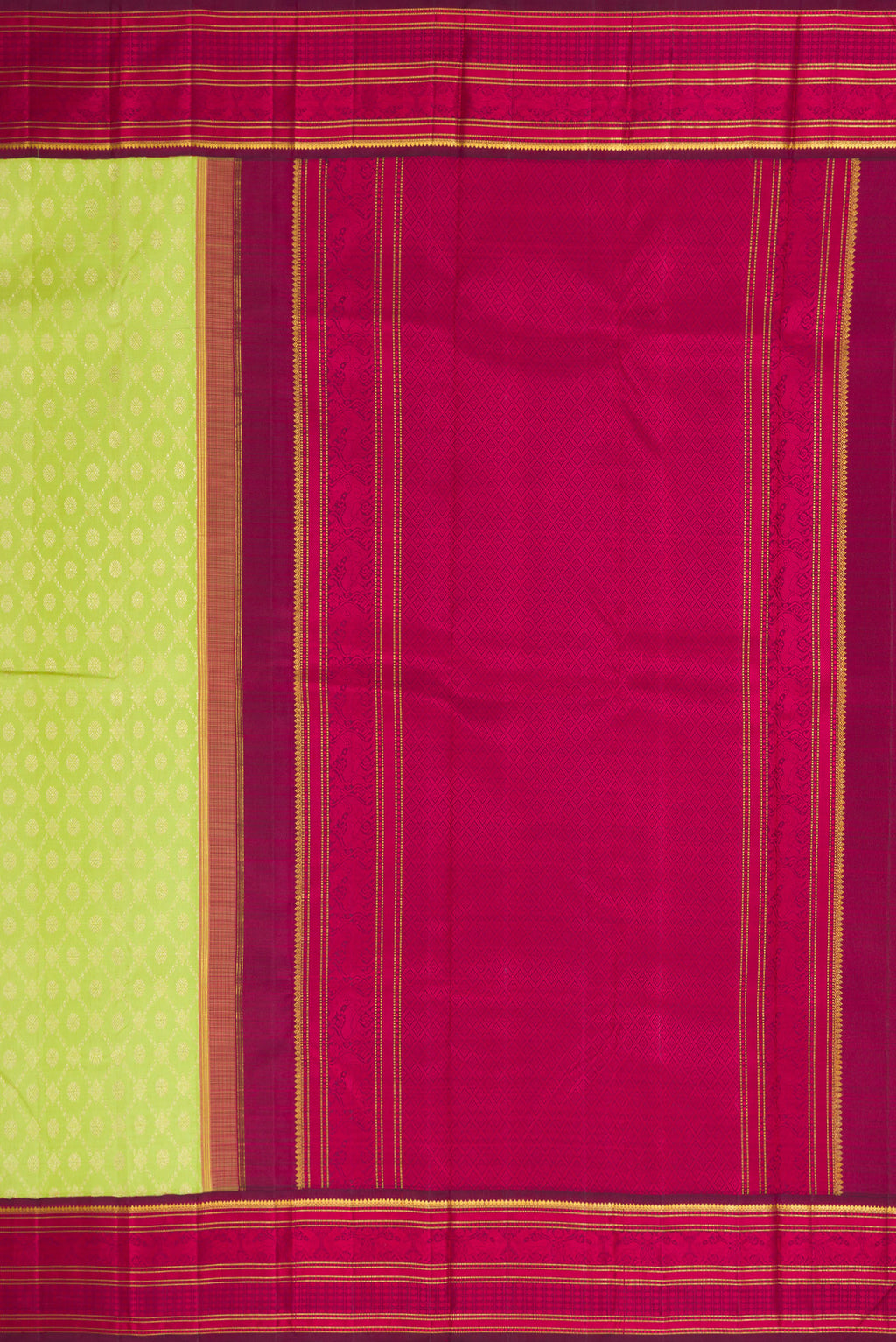 Close up image of the pallu of Light Green Dual Tone Kanchipuram Silk Saree with Zari Brocade on the body and Zari And Thread Border. 