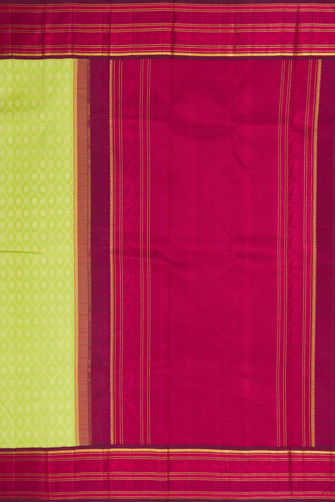 Close up image of the pallu of Light Green Dual Tone Kanchipuram Silk Saree with Zari Brocade on the body and Zari And Thread Border. 