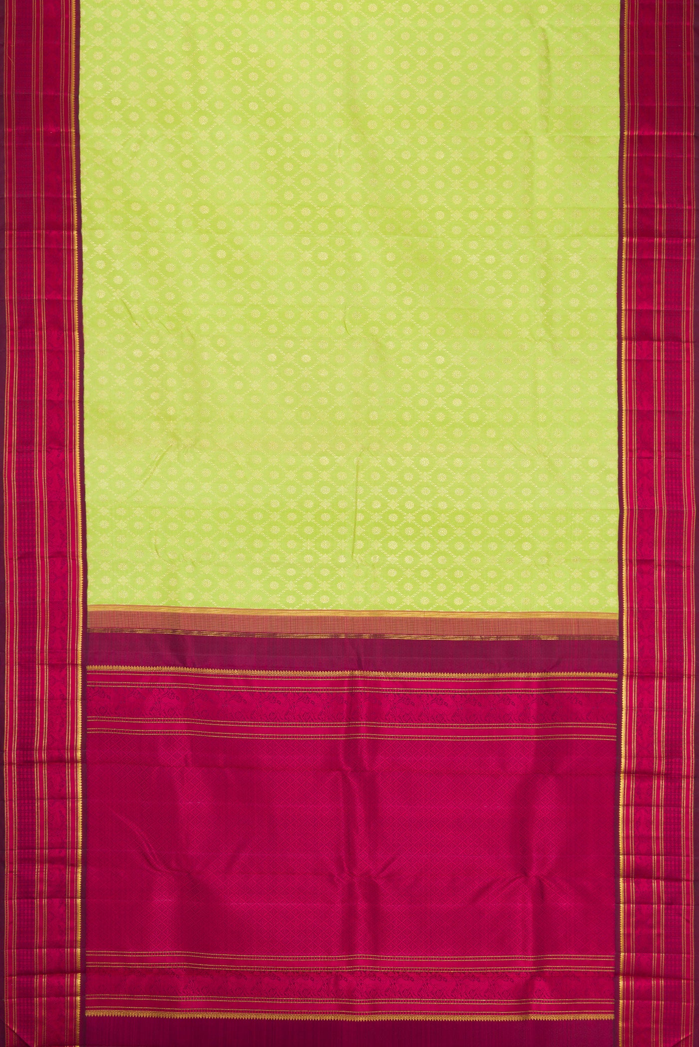 Flat view of Light Green Dual Tone Kanchipuram Silk Saree with Zari Brocade on the body and Zari And Thread Border. 