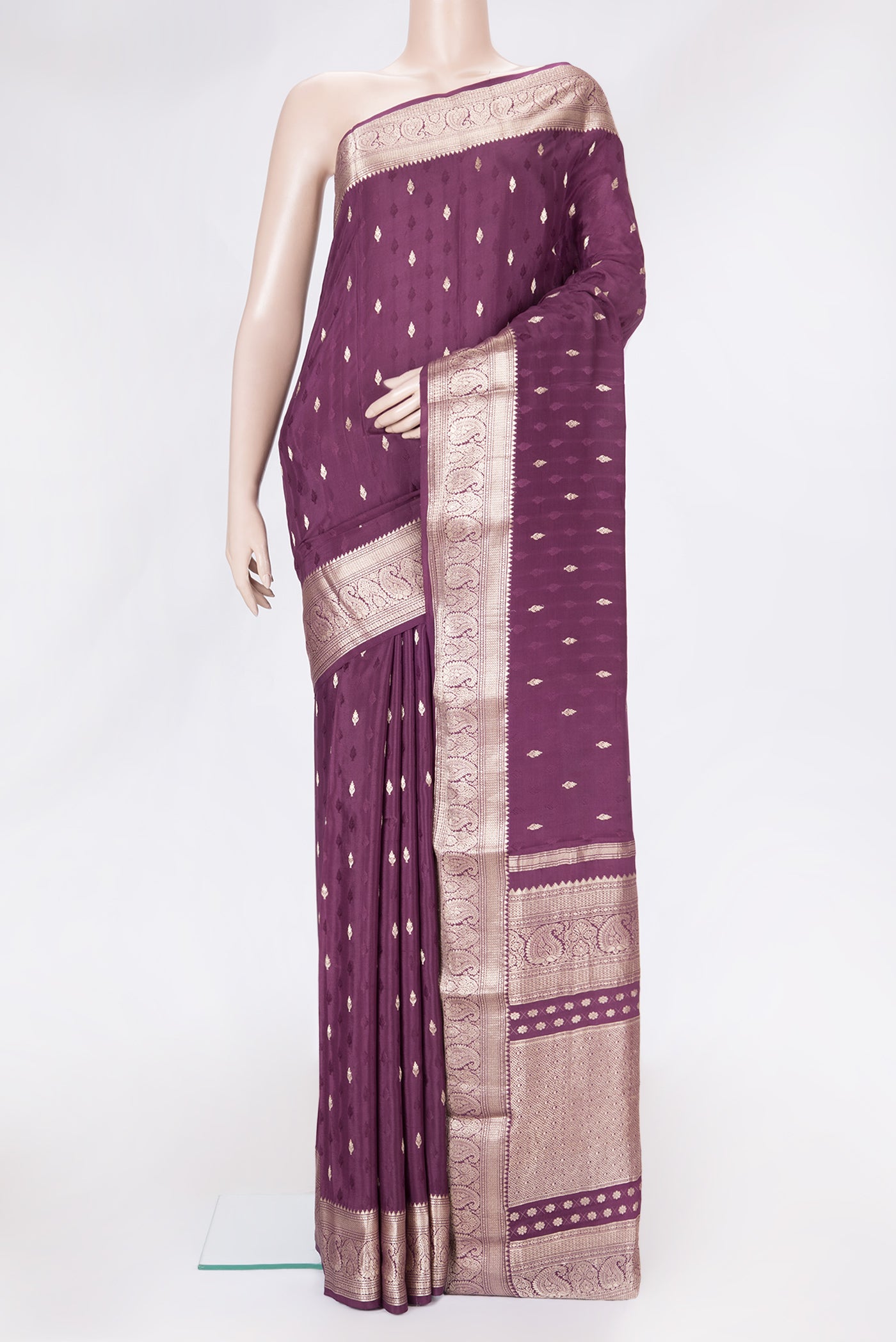 Purple Dual Tone Mysore Georgette Saree with Zari And Thread Butta on the body and Zari Border.  displayed on a mannequin