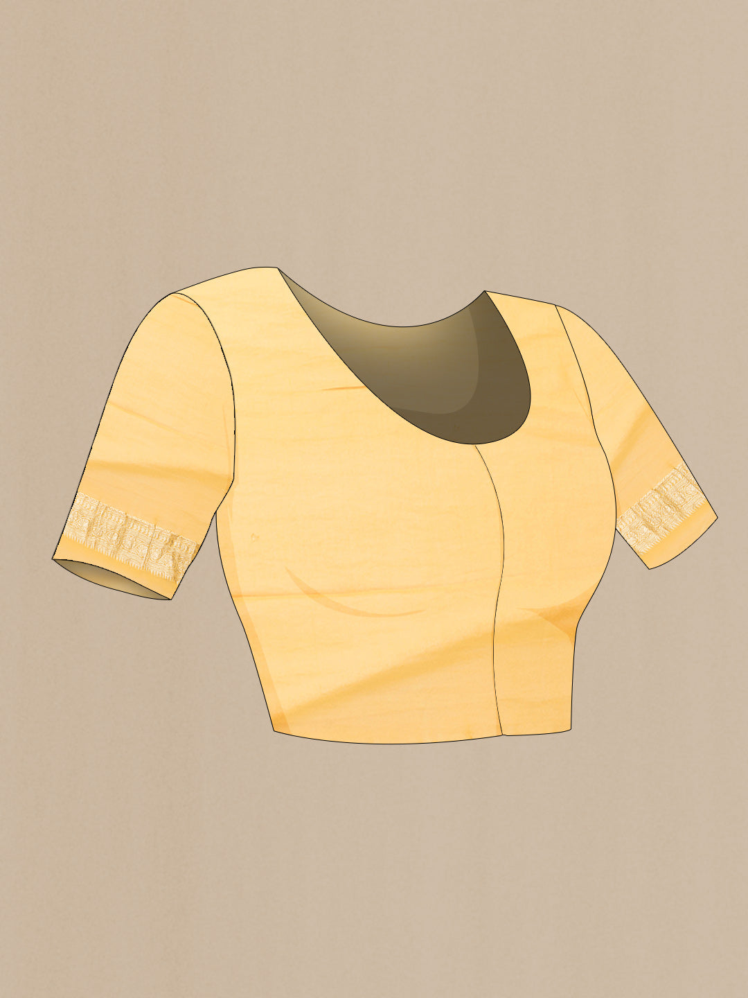 Close up image of the blouse of Mustard Dual Tone Mysore Georgette Saree with Zari Butta on the body and Zari Border. 