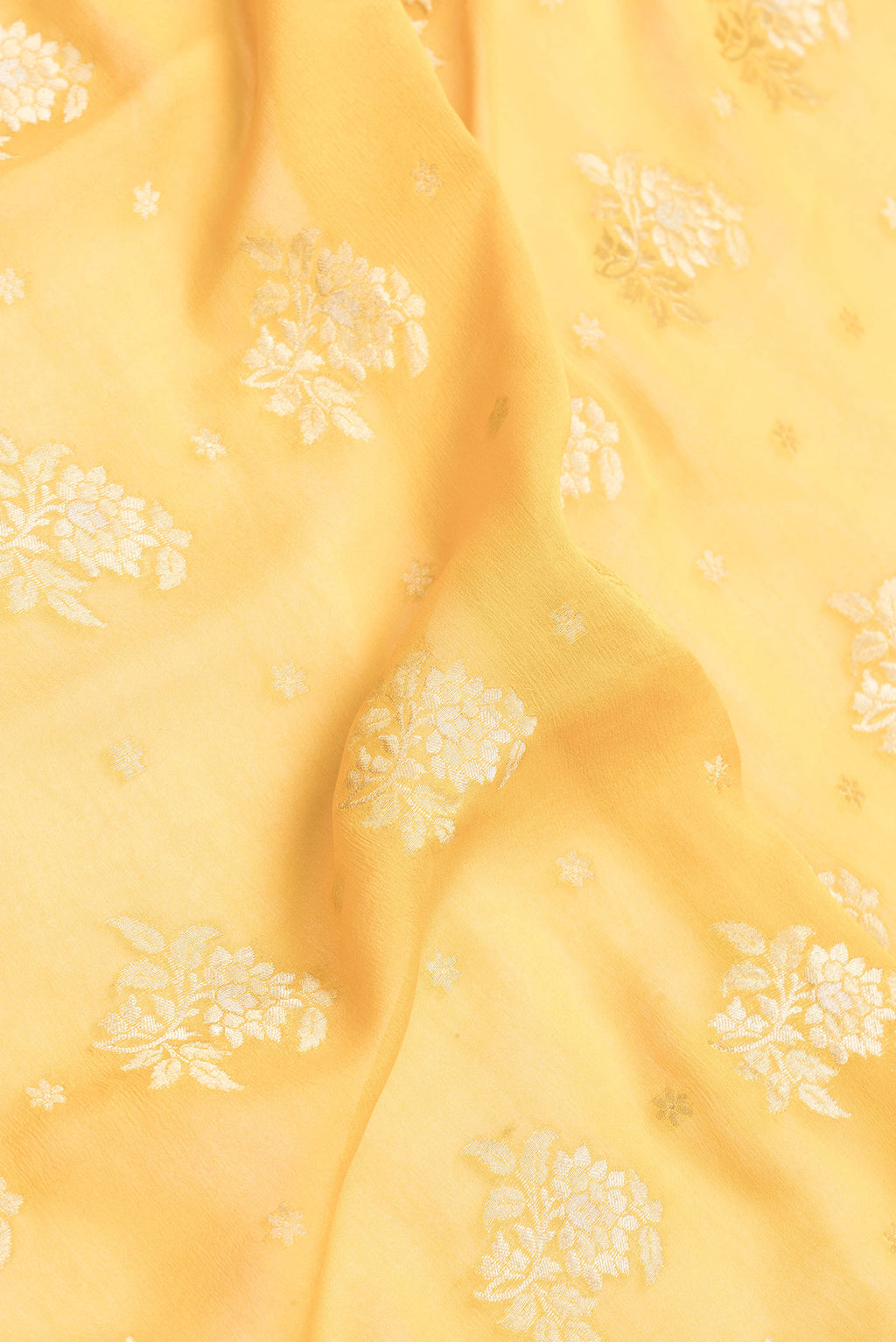Close up of Mustard Dual Tone Mysore Georgette Saree with Zari Butta on the body and Zari Border.  displaying folds