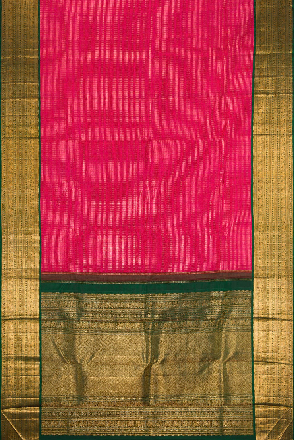 Flat view of Dark Pink Dual Tone Kanjivaram Silk Saree with Stripes on the body and Zari Border. 