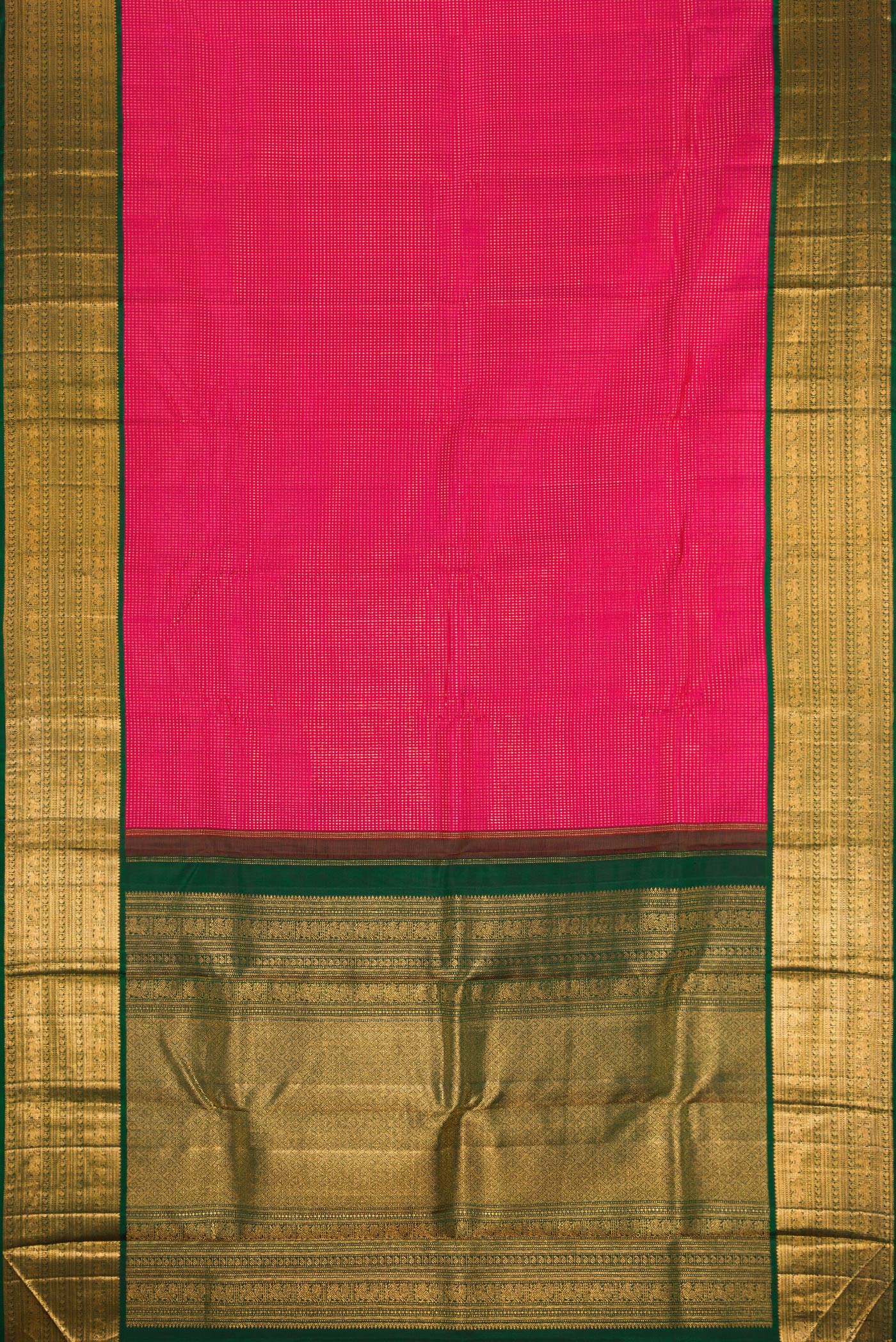 Flat view of Dark Pink Dual Tone Kanjivaram Silk Saree with Stripes on the body and Zari Border. 