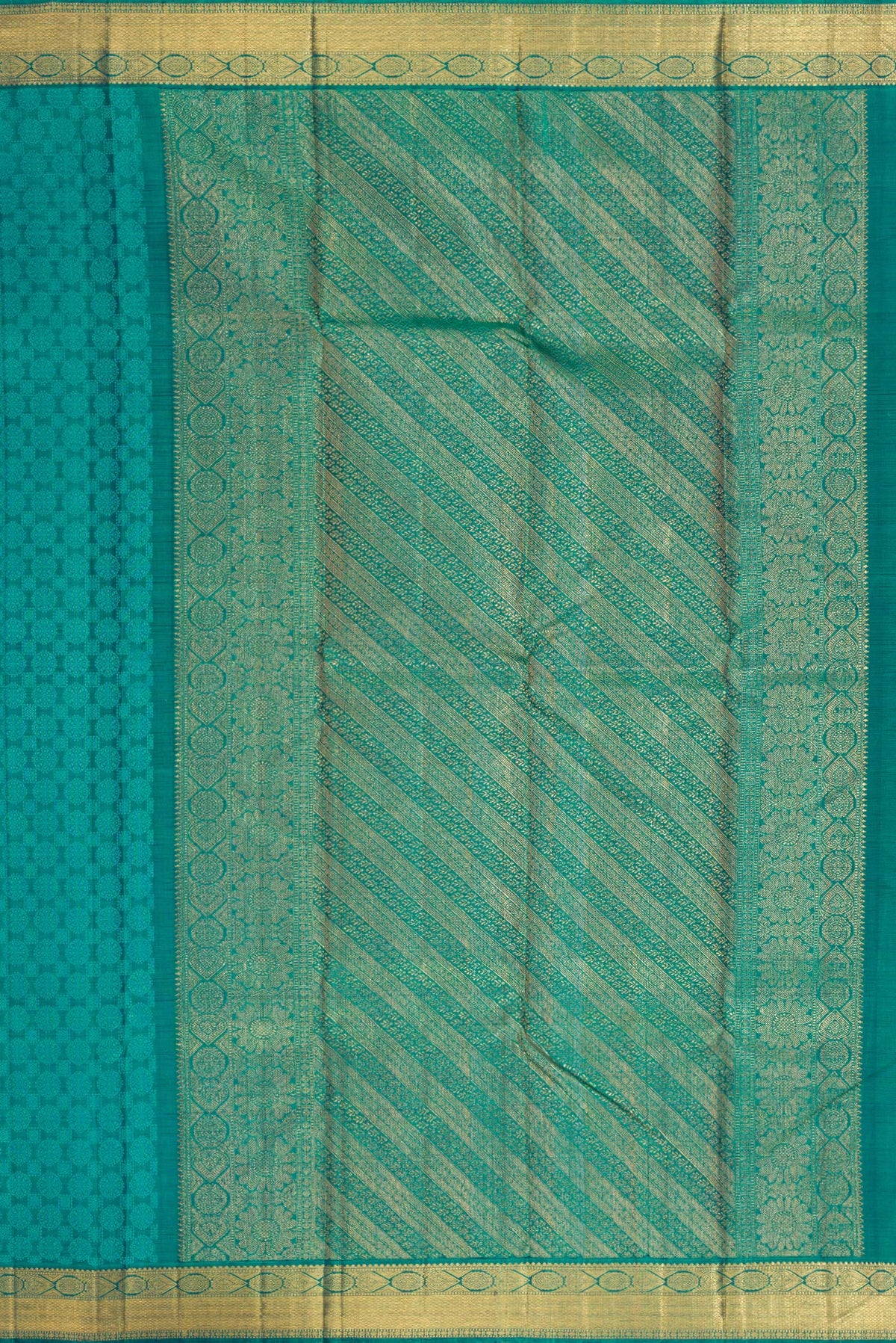 Close up image of the pallu of Peacock Blue Dual Tone Kanjivaram Silk Saree with Jacquard design on the body and Zari Border. 