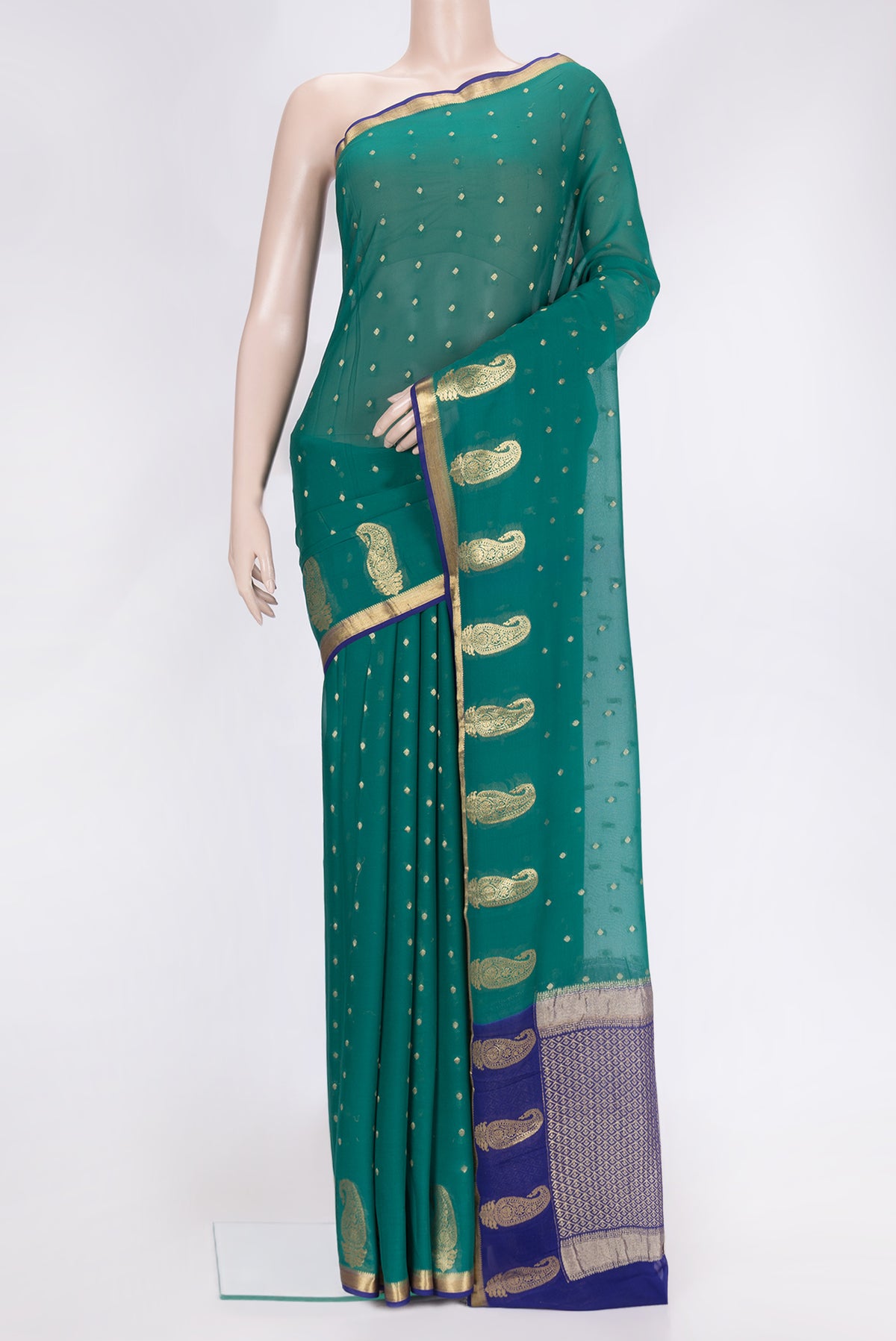 Green Dual Tone Mysore Georgette Saree with Zari Butta on the body and Fancy Border.  displayed on a mannequin