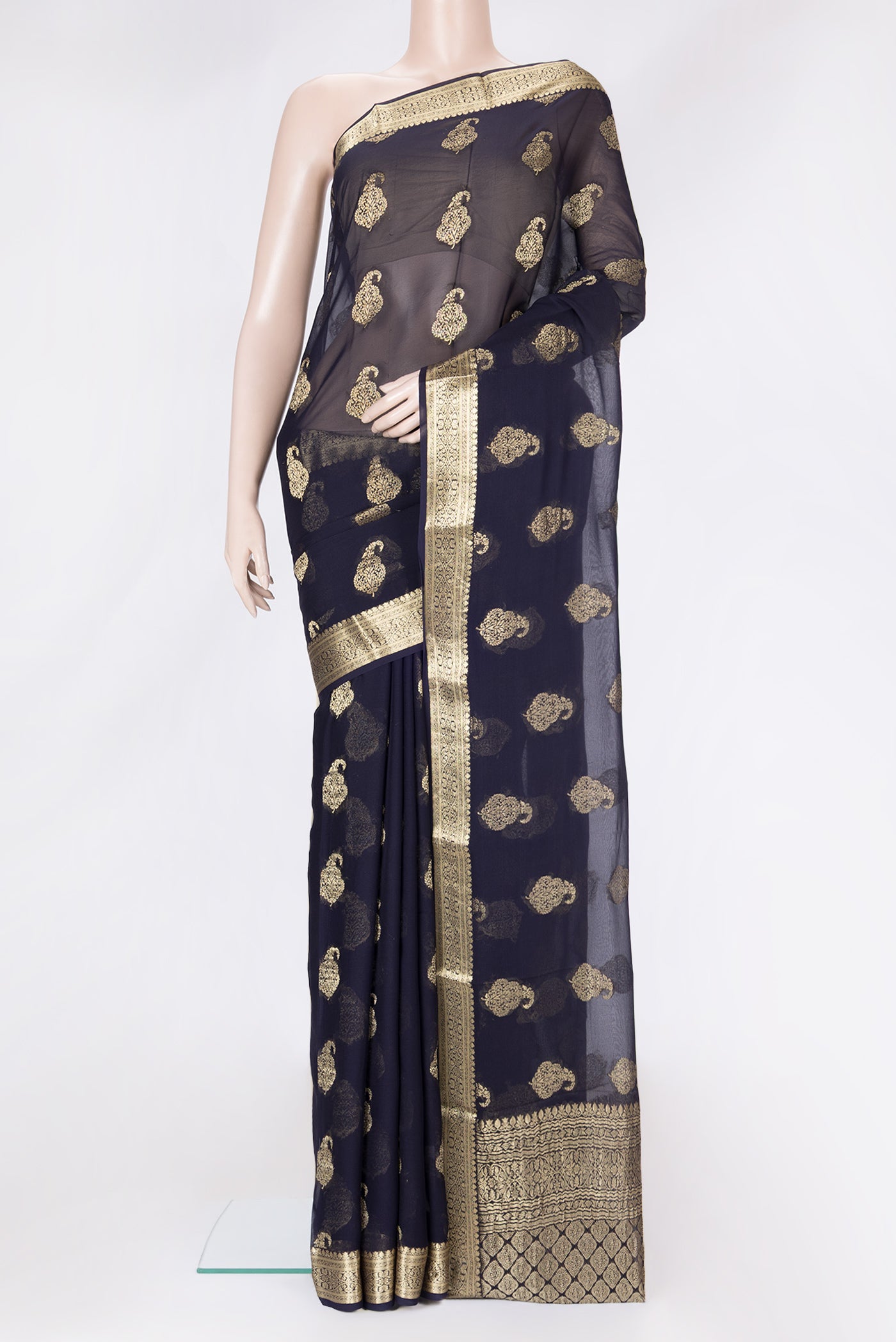 Navy Blue Dual Tone Mysore Georgette Saree with Zari Butta on the body and Zari Border.  displayed on a mannequin