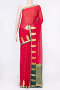 Red Mysore Georgette Saree with Zari Butta on the body and Zari Border displayed on a mannequin