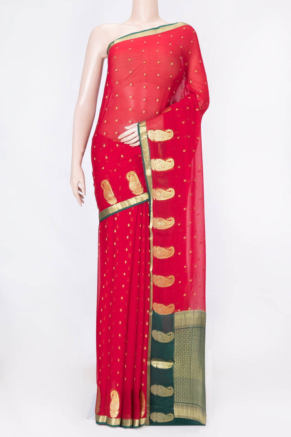 Red Mysore Georgette Saree with Zari Butta on the body and Zari Border displayed on a mannequin