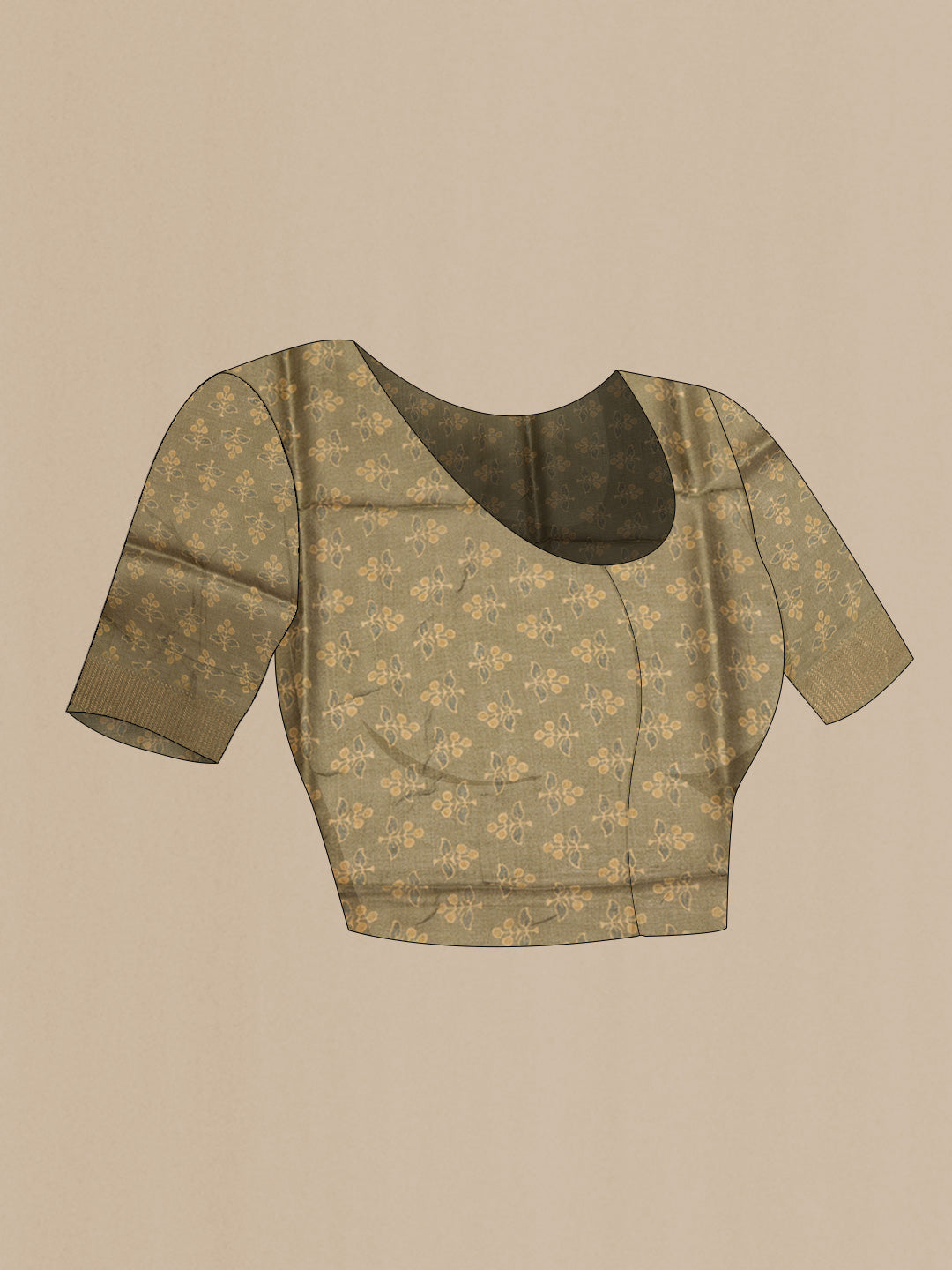 Close up image of the blouse of Mehandi Green Dual Tone Tussar Saree with Printed design on the body and Zari Border