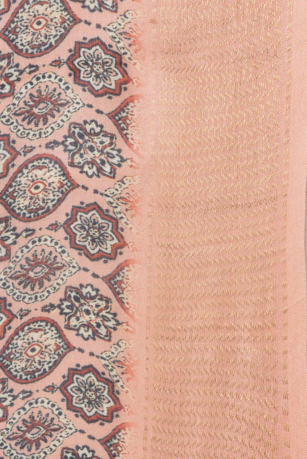 Border image of Golden Peach Dual Tone Tussar Silk Saree with Printed design on the body and Zari Border. 