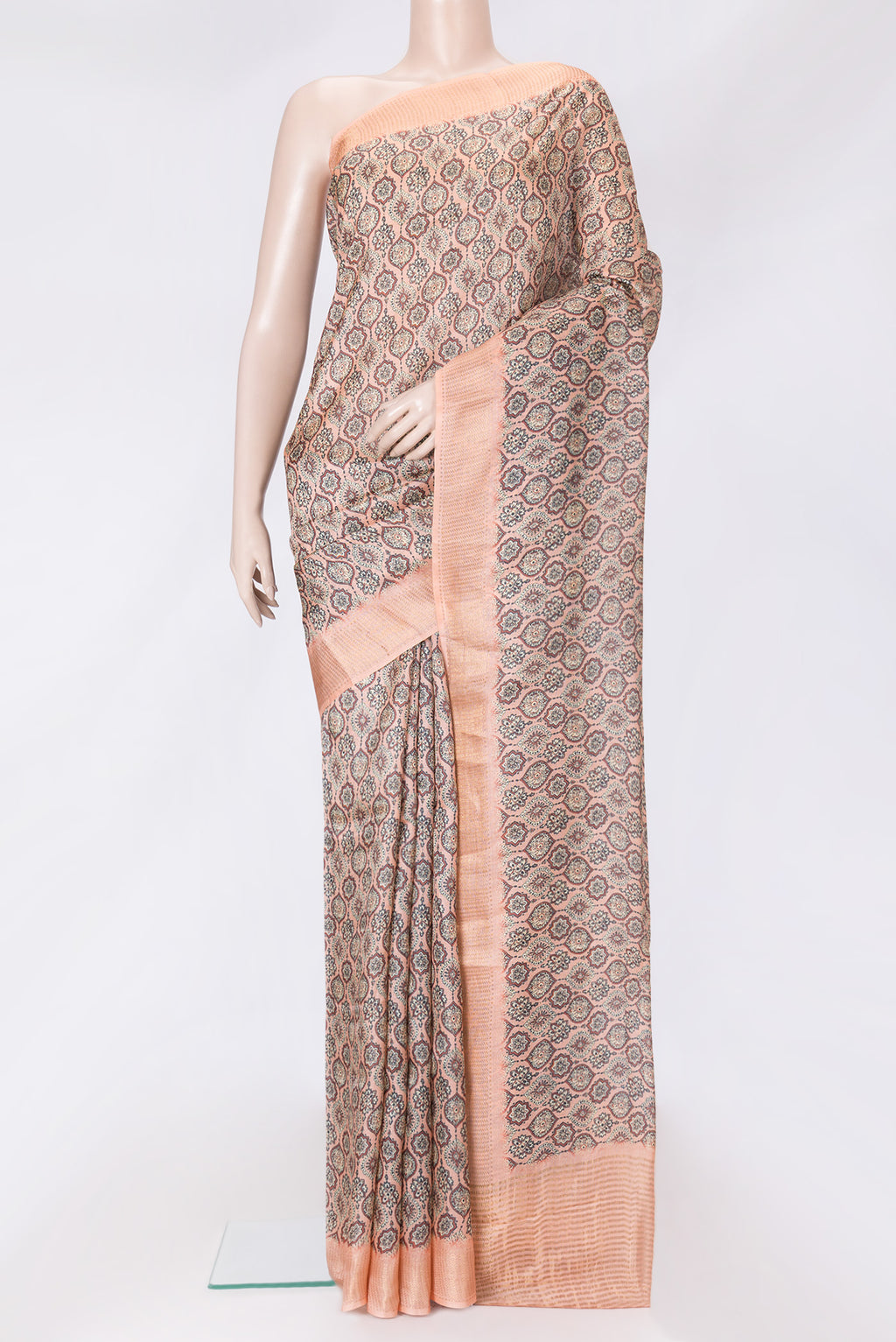 Golden Peach Dual Tone Tussar Silk Saree with Printed design on the body and Zari Border.  displayed on a mannequin