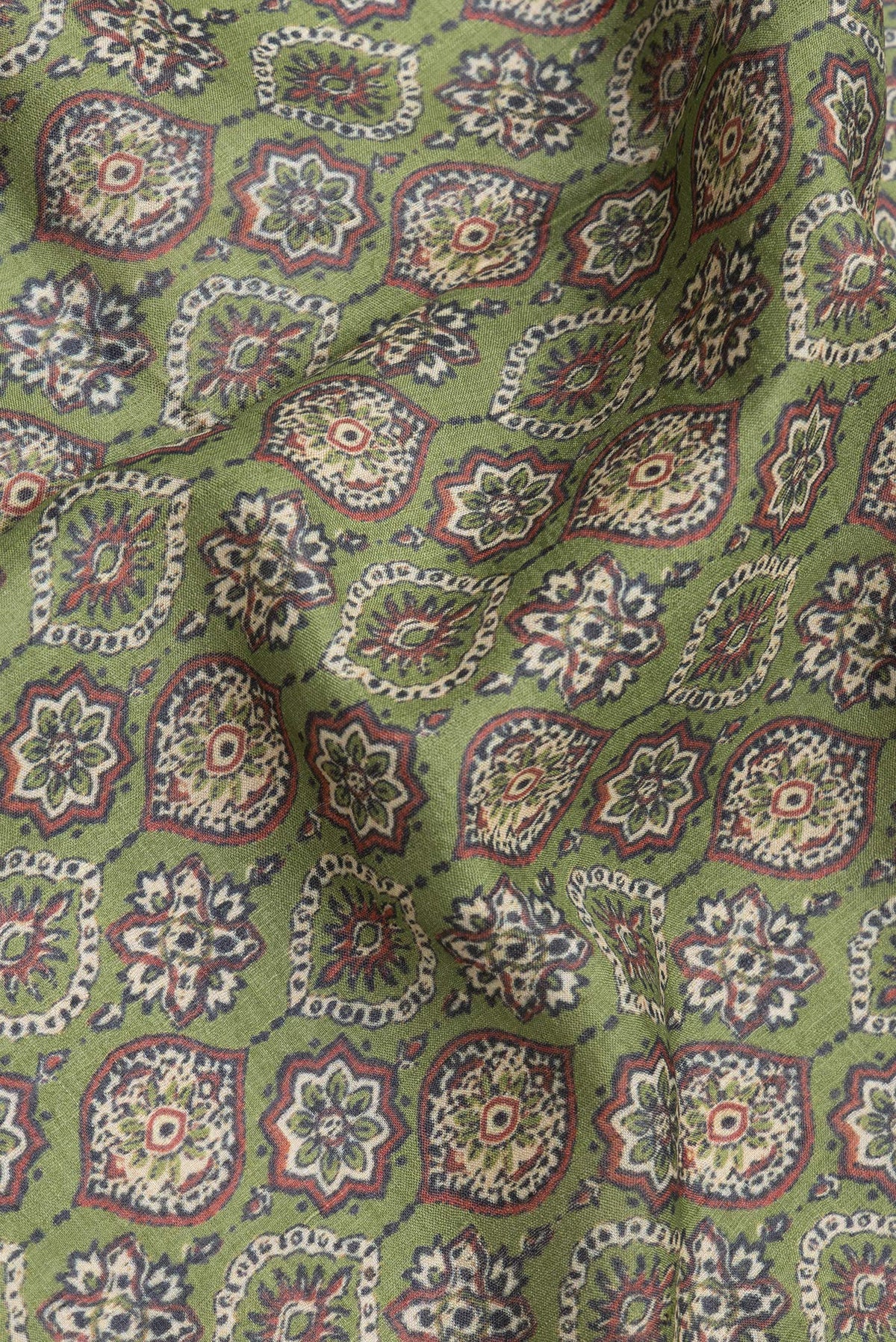 Close up of Green Dual Tone Tussar Silk Saree with Printed design on the body and Zari Border.  displaying folds