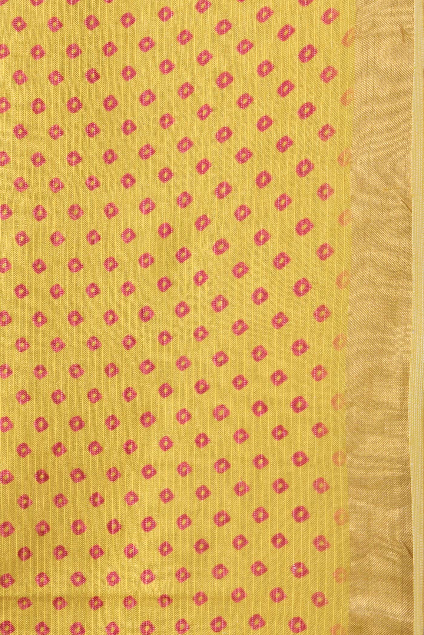 Border image of Yellow Dual Tone Tussar Silk Saree with Bandhani Print on the body and Zari Border. 