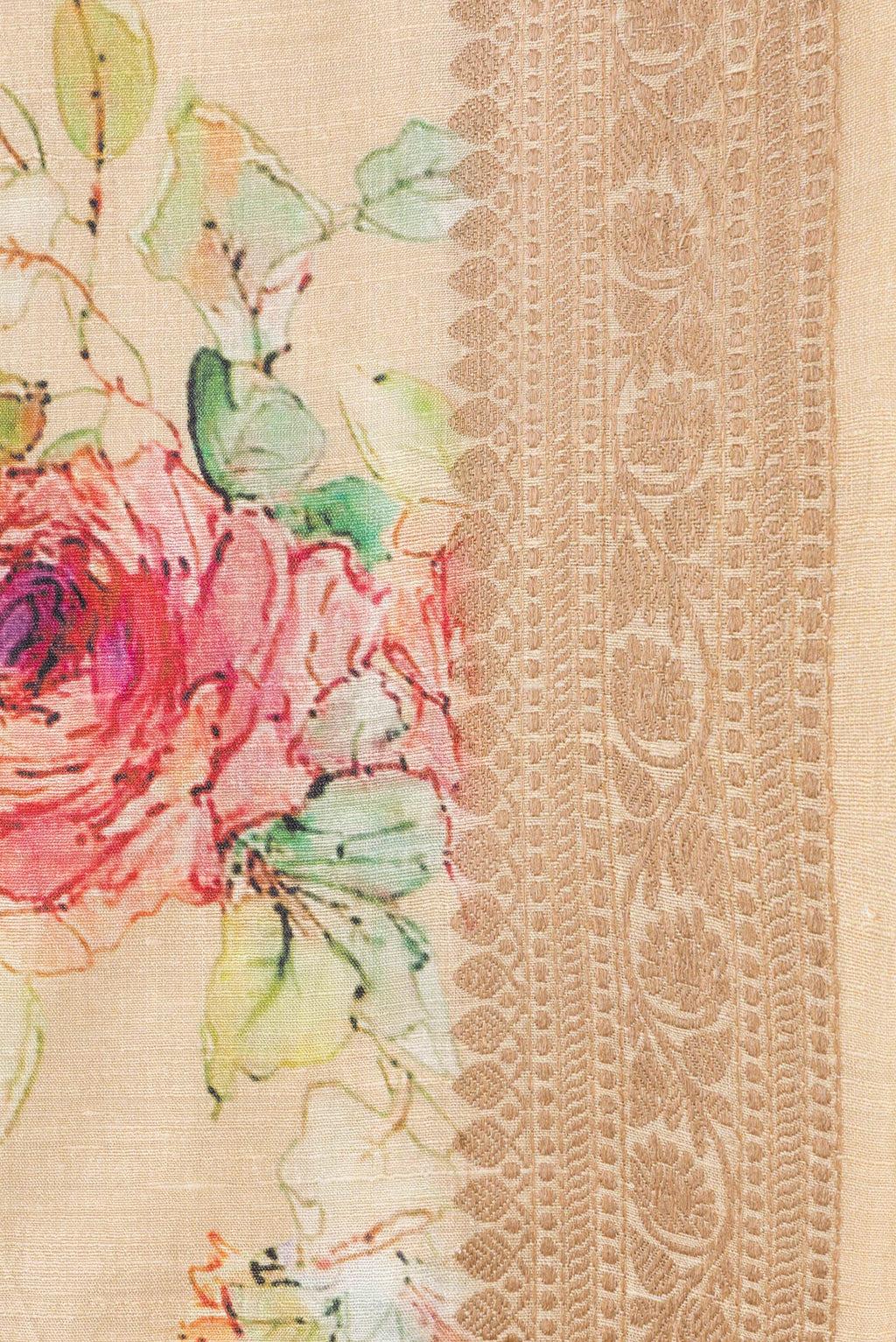 Border image of Sandal Dual Tone Tussar Silk Saree with Printed design on the body and Thread Border. 