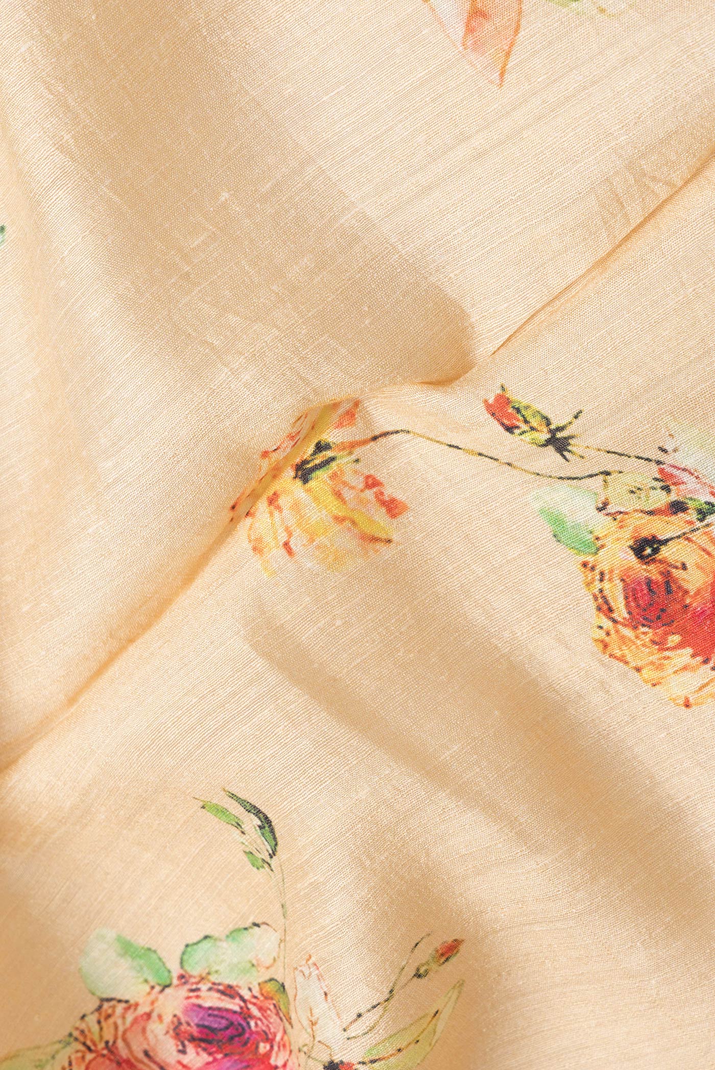 Close up of Sandal Dual Tone Tussar Silk Saree with Printed design on the body and Thread Border.  displaying folds