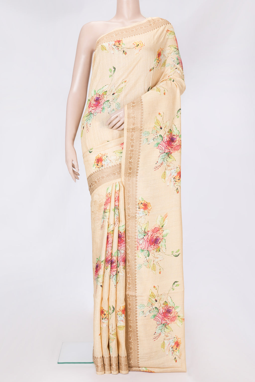 Sandal Dual Tone Tussar Silk Saree with Printed design on the body and Thread Border.  displayed on a mannequin
