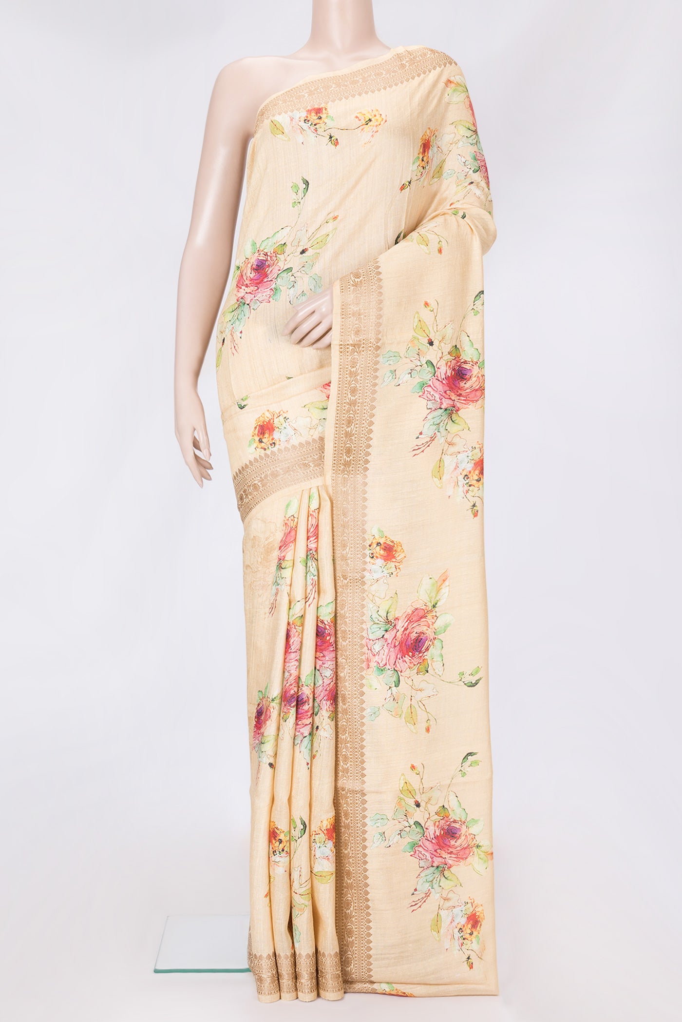 Sandal Dual Tone Tussar Silk Saree with Printed design on the body and Thread Border.  displayed on a mannequin