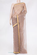 Sandal Dual Tone Organza Silk Saree with Printed design on the body and Embroidery Border.  displayed on a mannequin
