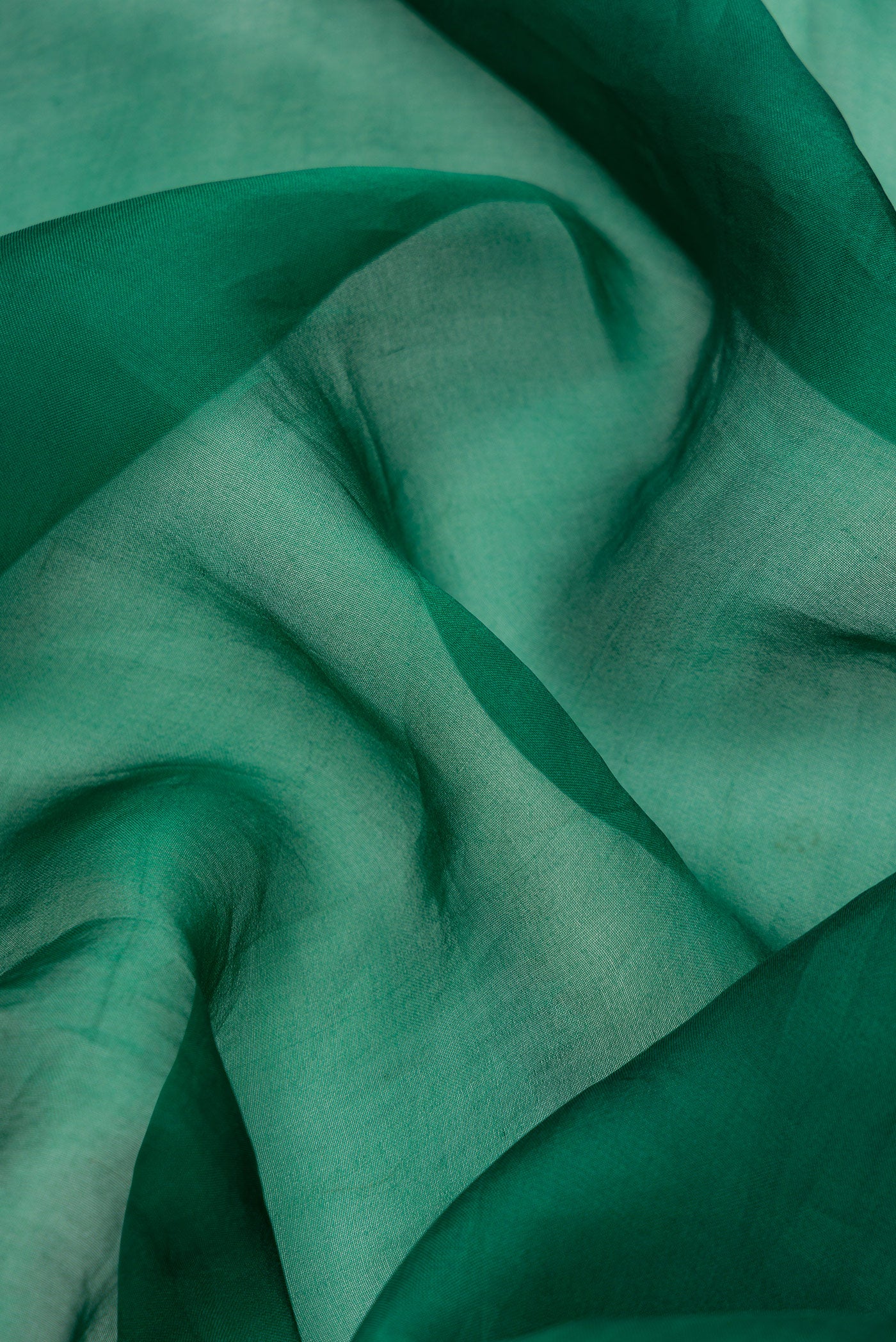 Close up of Bottle Green Dual Tone Organza Silk Saree with Plain Body and Embroidery Border.  displaying folds