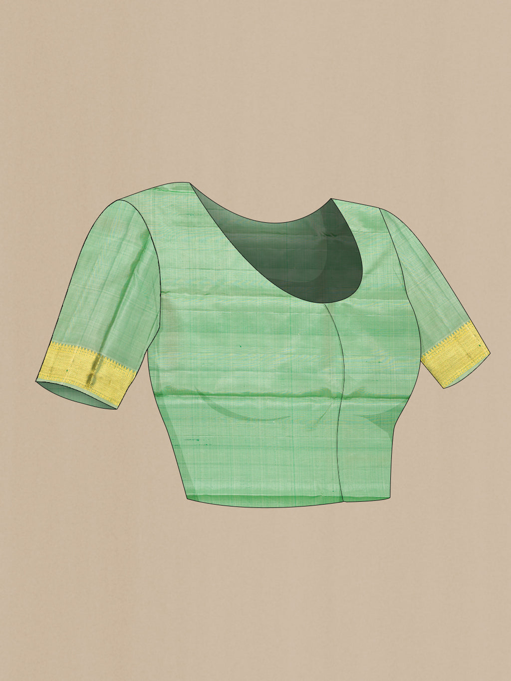 Close up image of the blouse of Pista Green Dual Tone Kanjivaram Silk Saree with Jacquard With Zari Butta on the body and Zari Border. 