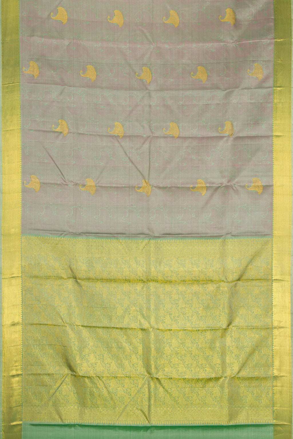 Flat view of Pista Green Dual Tone Kanjivaram Silk Saree with Jacquard With Zari Butta on the body and Zari Border. 