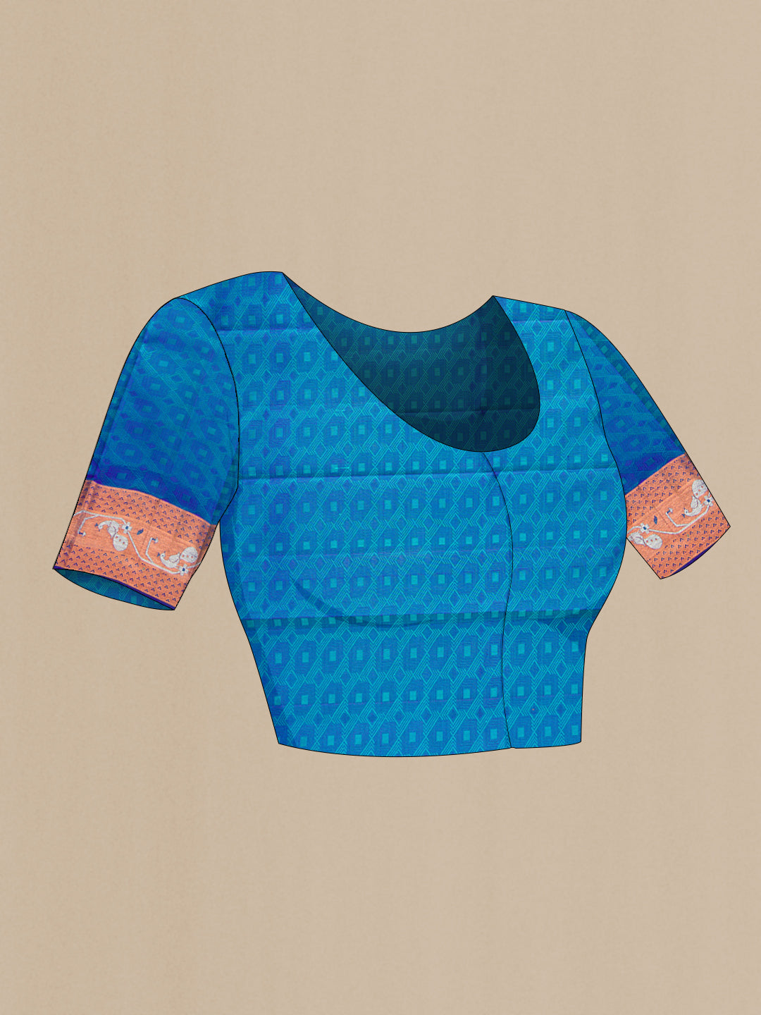 Close up image of the blouse of Sea Green Dual Tone Kanchipuram Silk Saree with Jacquard With Zari Butta on the body and Zari Border. 
