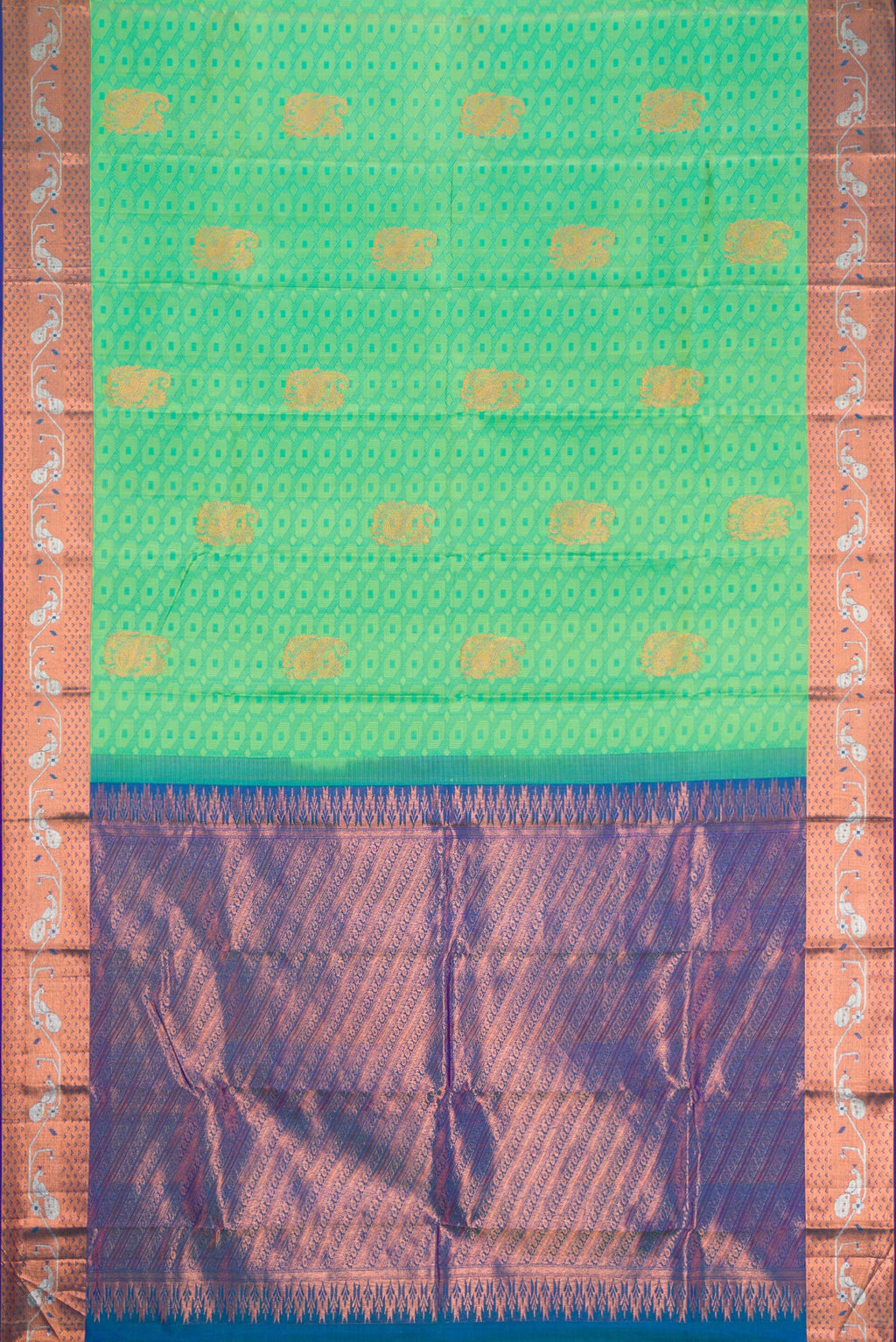 Flat view of Sea Green Dual Tone Kanchipuram Silk Saree with Jacquard With Zari Butta on the body and Zari Border. 