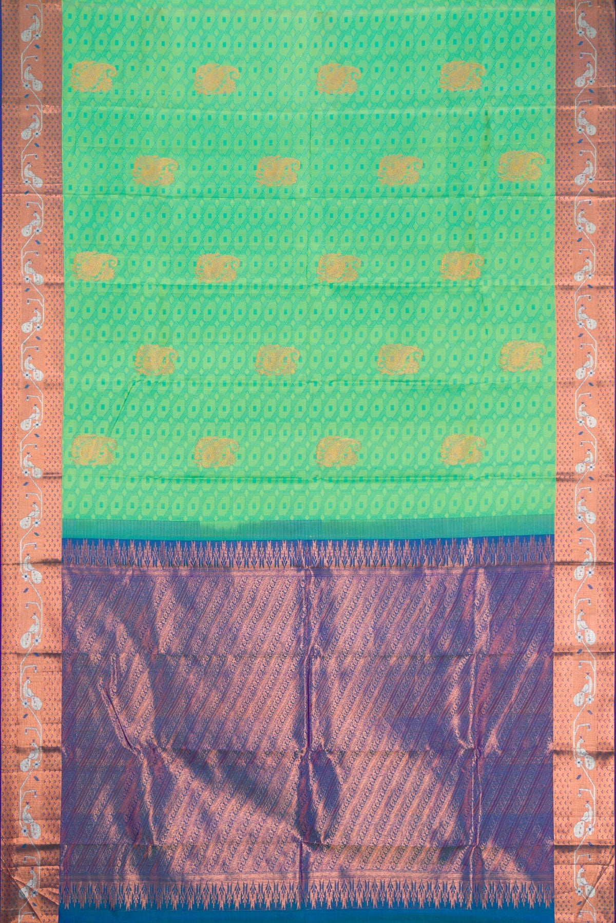 Flat view of Sea Green Dual Tone Kanchipuram Silk Saree with Jacquard With Zari Butta on the body and Zari Border. 