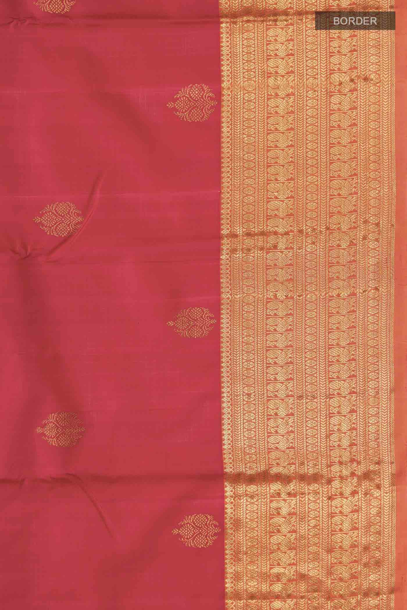 Border image of Red Kanchipuram Silk Saree with Zari Butta on the body and Zari Border