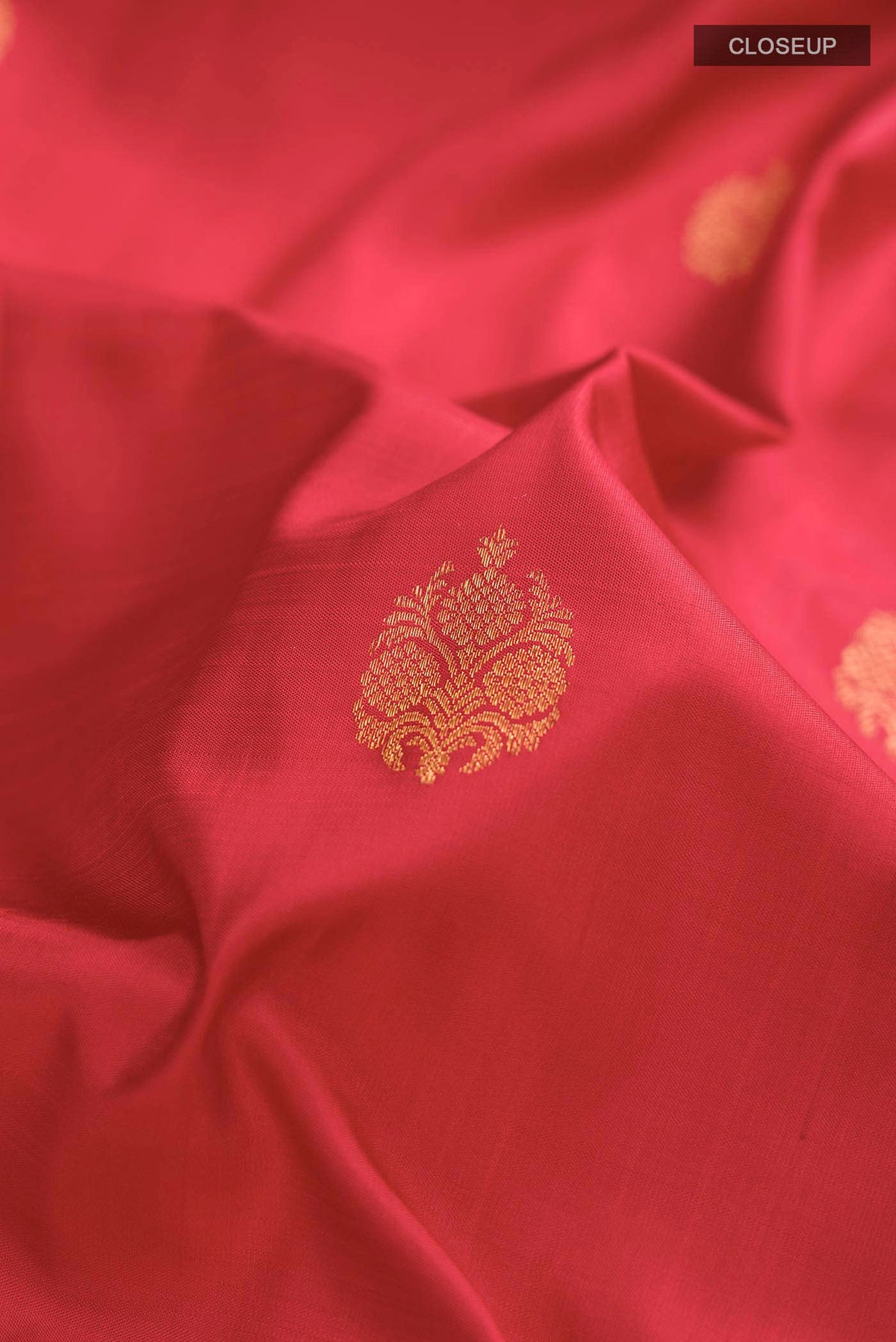 Close up of Red Kanchipuram Silk Saree with Zari Butta on the body and Zari Border displaying folds