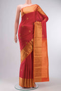 Red Kanchipuram Silk Saree with Zari Butta on the body and Zari Border displayed on a mannequin
