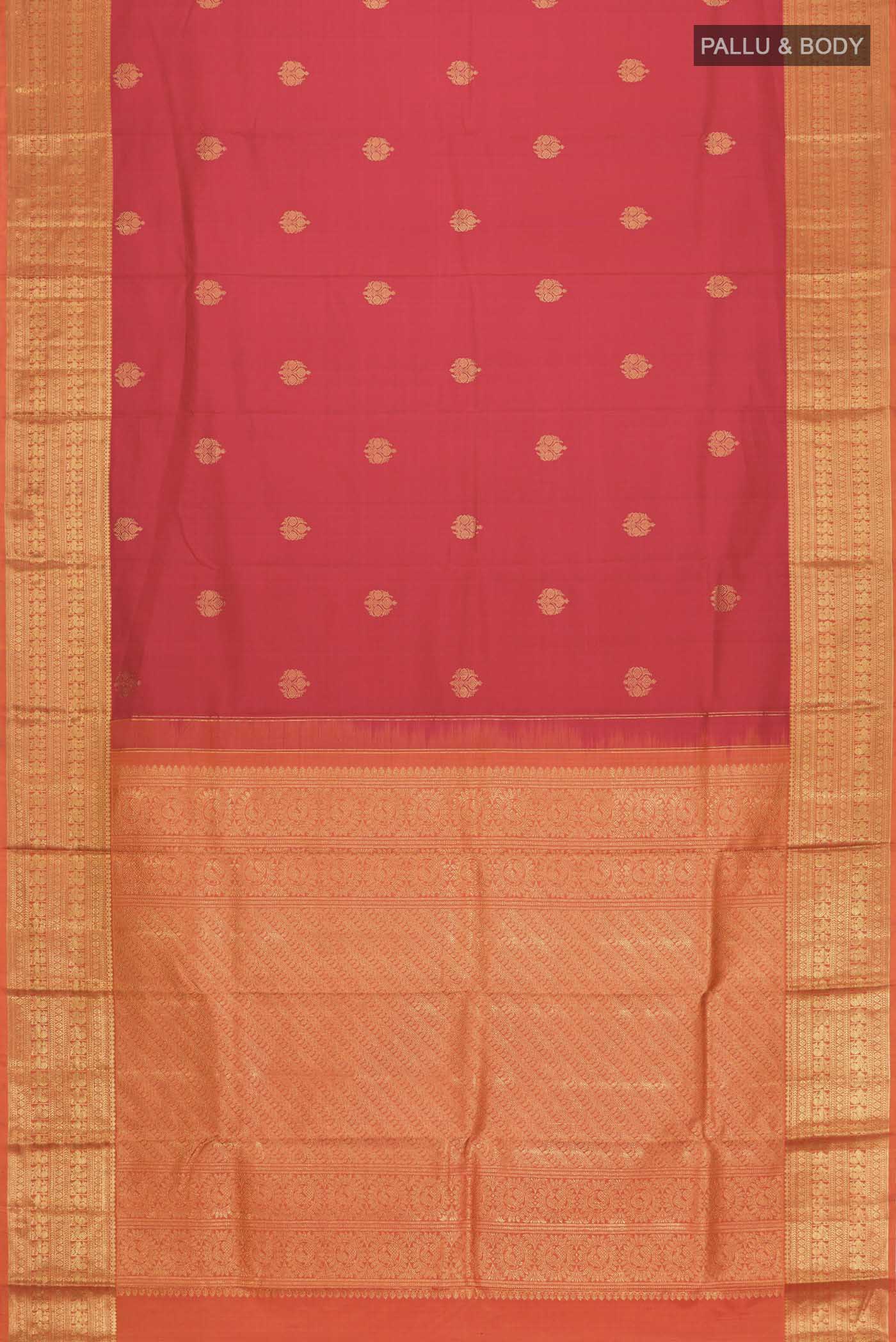 Flat view of Red Kanchipuram Silk Saree with Zari Butta on the body and Zari Border