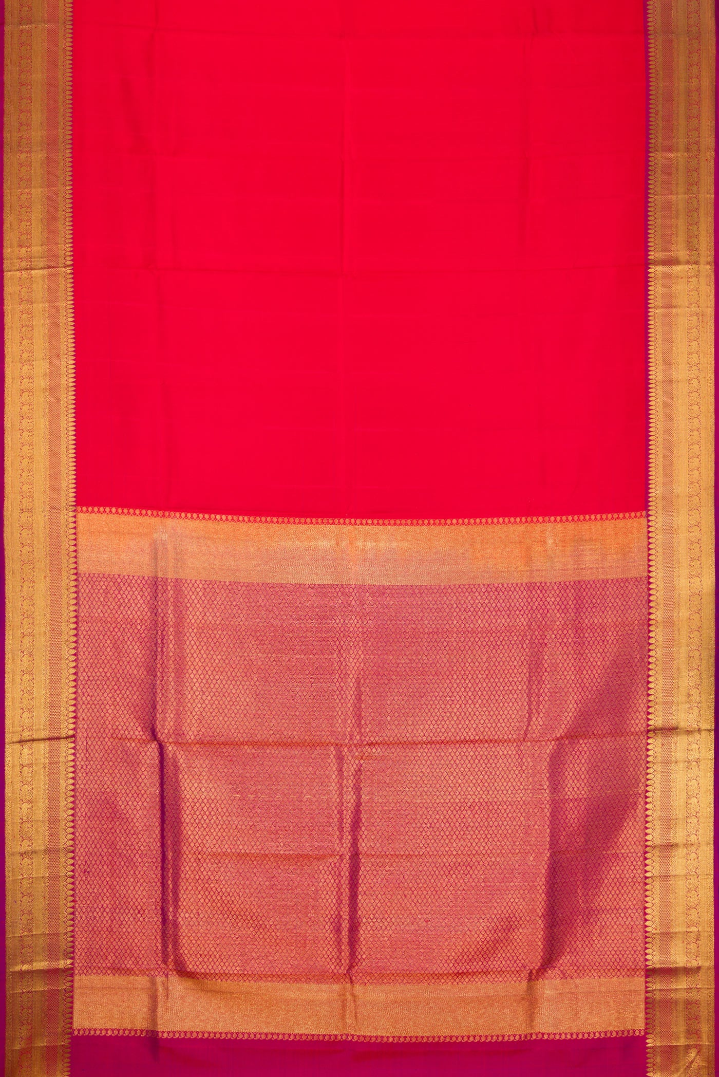 Flat view of Red Dual Tone Double Ikat Saree with Plain Body and Zari Border. 