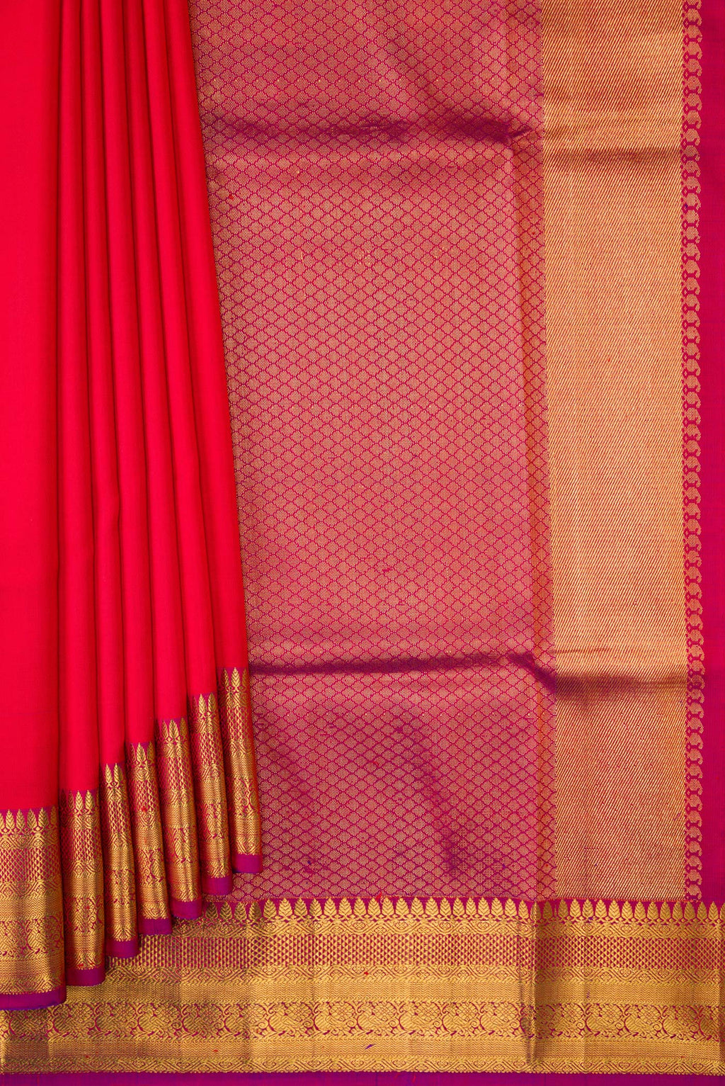 Pleats and pallu of Red Dual Tone Double Ikat Saree with Plain Body and Zari Border. 
