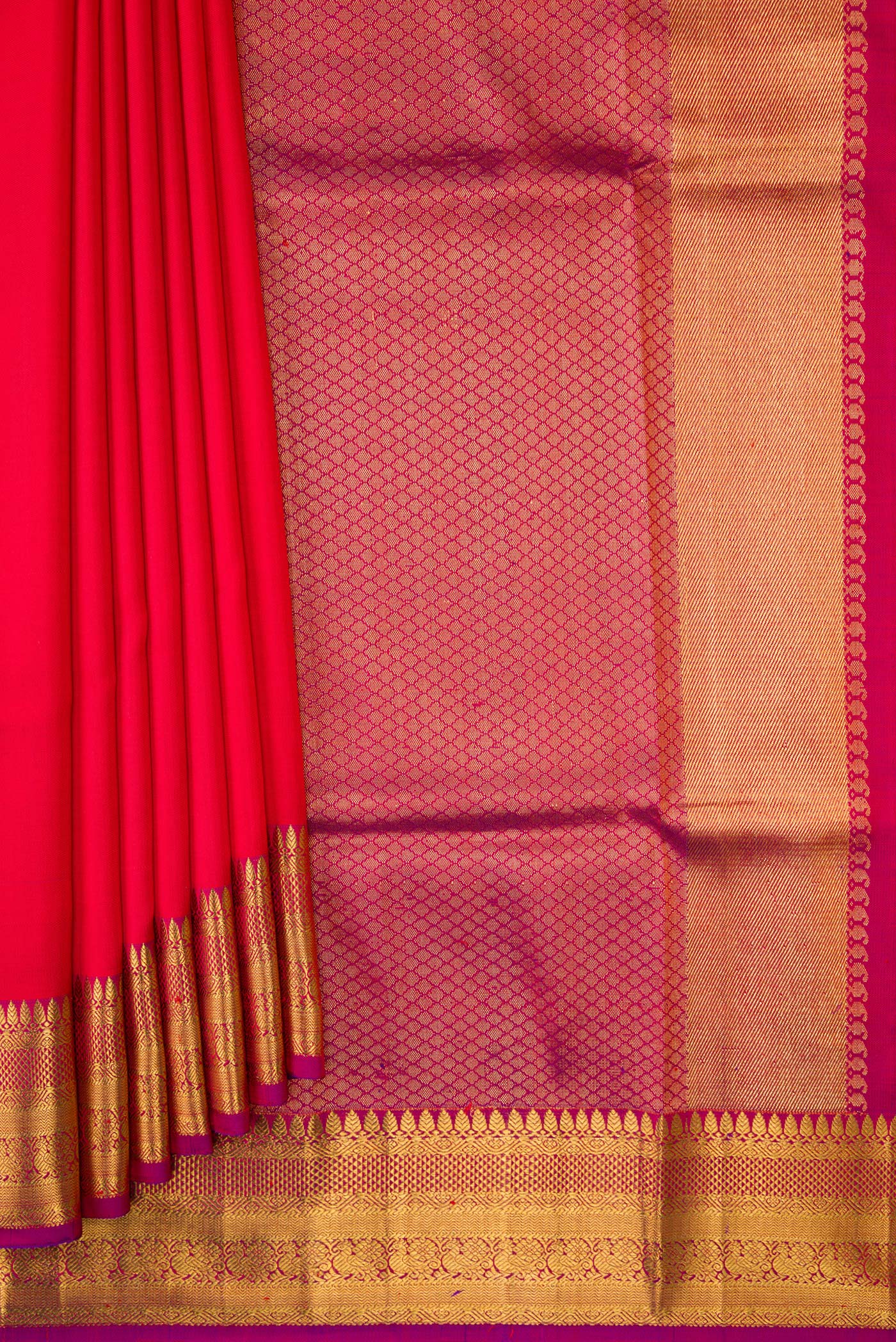 Pleats and pallu of Red Dual Tone Double Ikat Saree with Plain Body and Zari Border. 